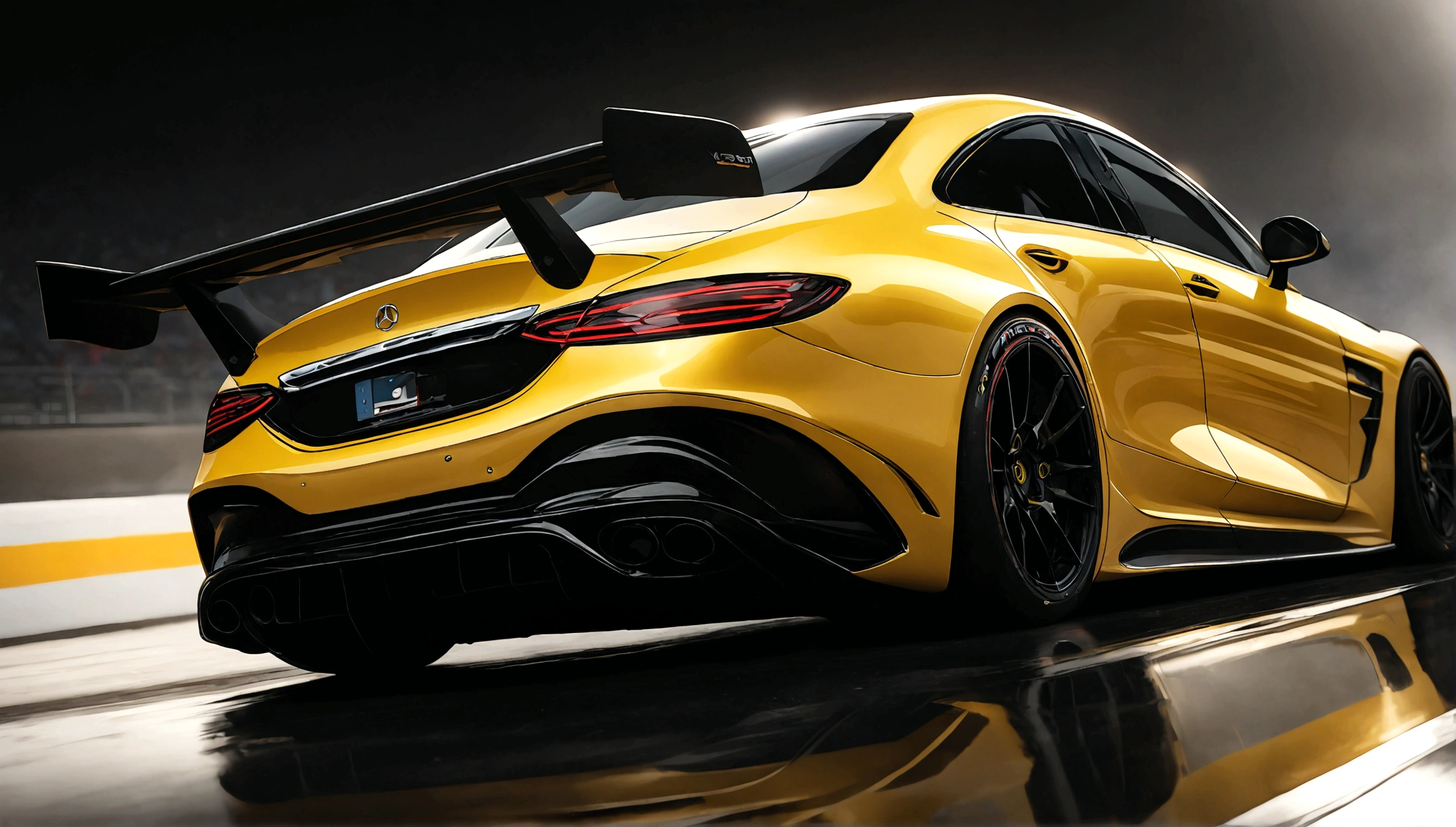 a highly detailed, photorealistic rendering of a yellow mercedes benz sports car, sleek and aerodynamic design, racing on a racetrack, dramatic lighting, vivid colors, extreme detail, dynamic motion blur, reflection on the shiny body panels, muscular engine, professional motorsports photography, 4k, octane render
