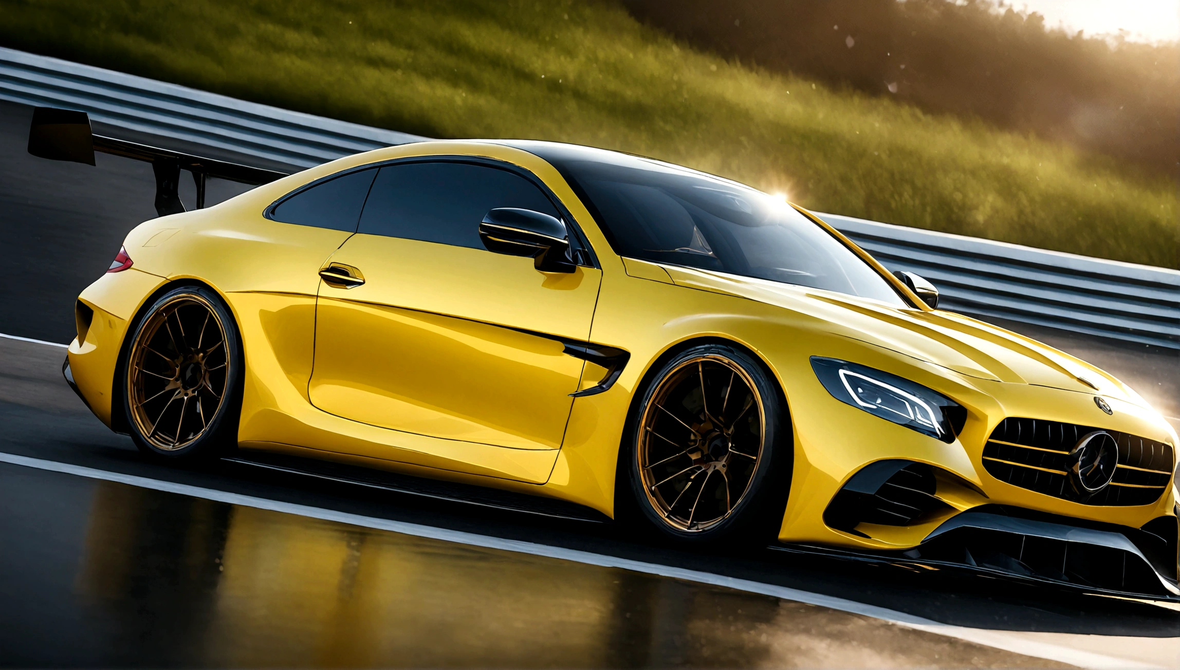 a highly detailed, photorealistic rendering of a yellow mercedes benz sports car, sleek and aerodynamic design, racing on a racetrack, dramatic lighting, vivid colors, extreme detail, dynamic motion blur, reflection on the shiny body panels, muscular engine, professional motorsports photography, 4k, octane render
