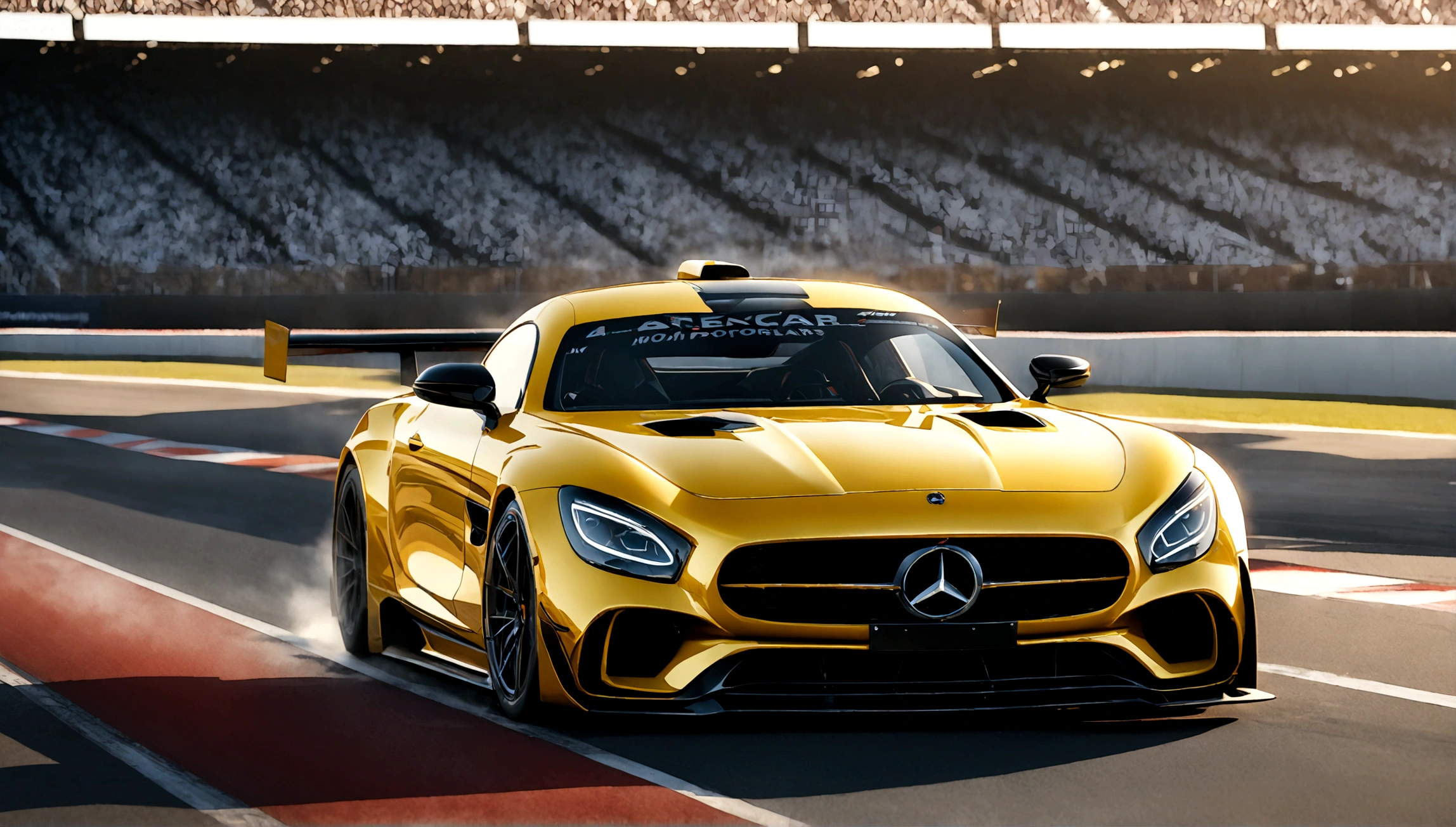 a highly detailed, photorealistic rendering of a yellow mercedes benz sports car, sleek and aerodynamic design, racing on a racetrack, dramatic lighting, vivid colors, extreme detail, dynamic motion blur, reflection on the shiny body panels, muscular engine, professional motorsports photography, 4k, octane render