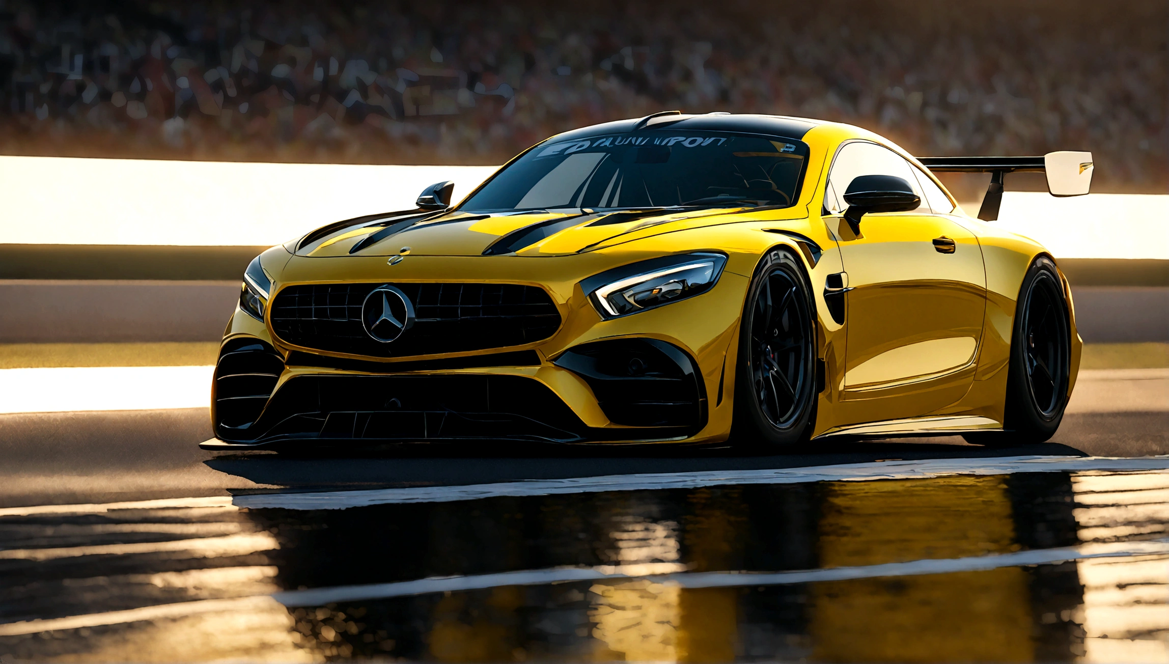 a highly detailed, photorealistic rendering of a yellow mercedes benz sports car, sleek and aerodynamic design, racing on a racetrack, dramatic lighting, vivid colors, extreme detail, dynamic motion blur, reflection on the shiny body panels, muscular engine, professional motorsports photography, 4k, octane render