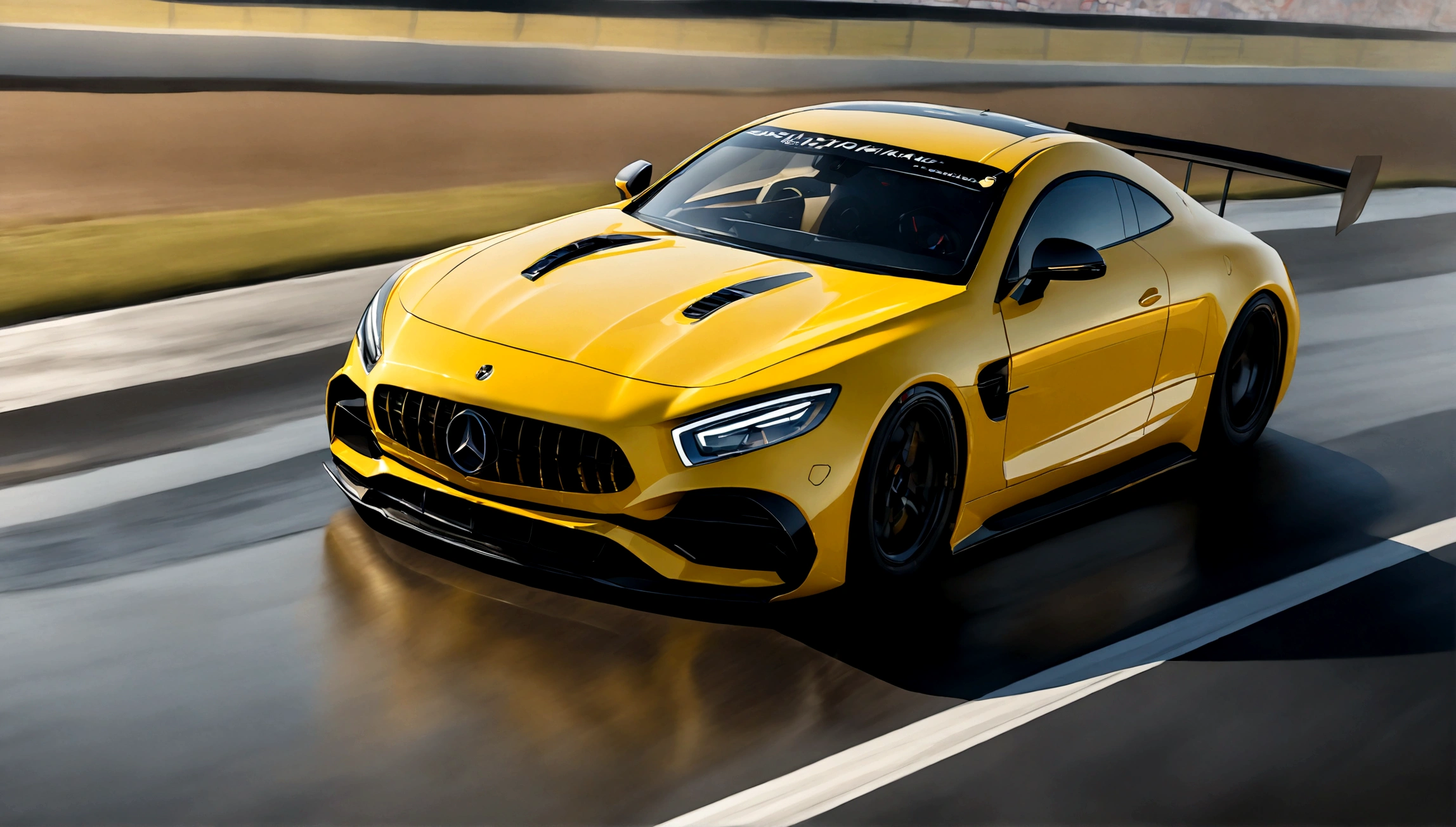 a highly detailed, photorealistic rendering of a yellow mercedes benz sports car, sleek and aerodynamic design, racing on a racetrack, dramatic lighting, vivid colors, extreme detail, dynamic motion blur, reflection on the shiny body panels, muscular engine, professional motorsports photography, 4k, octane render