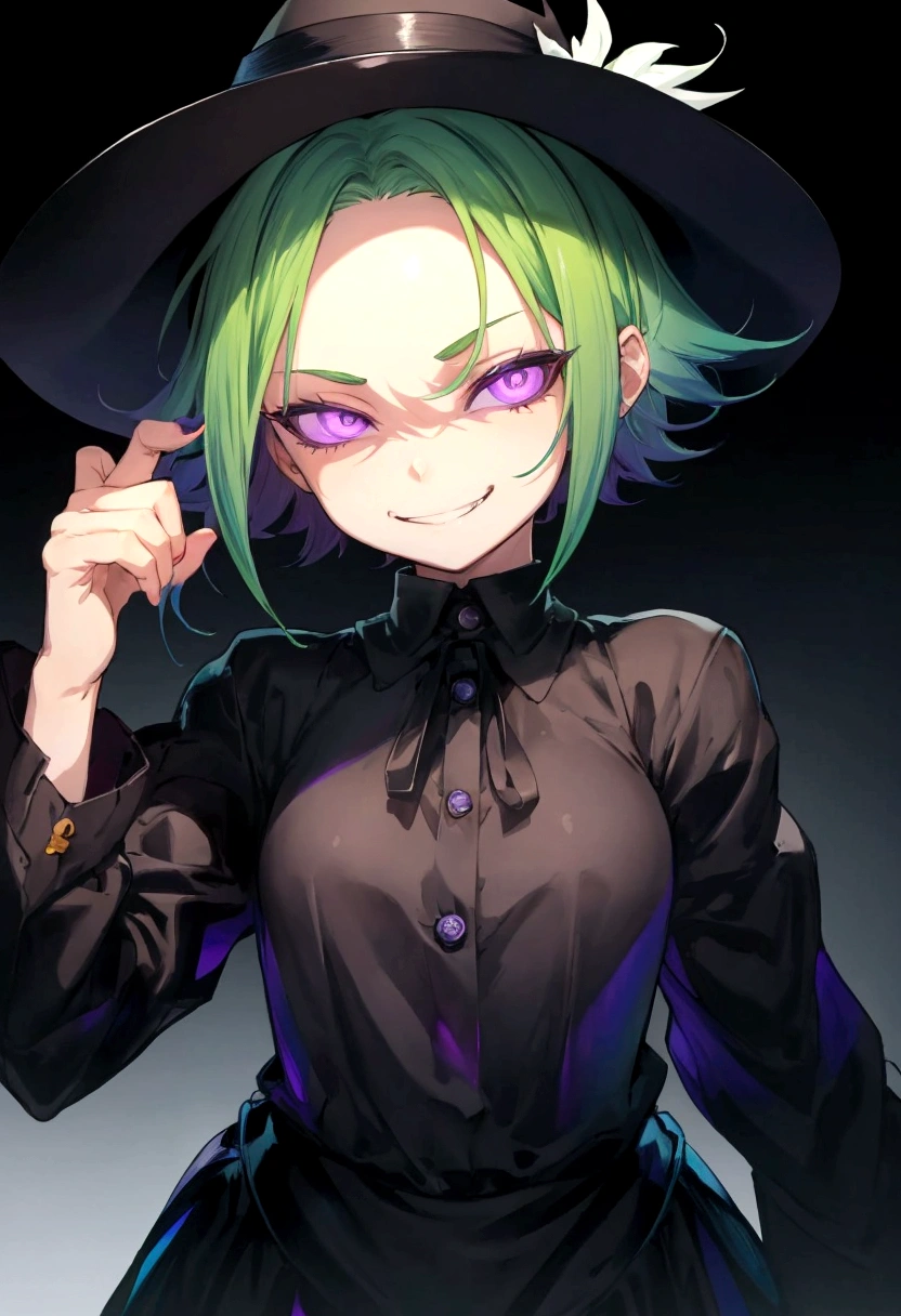 One woman, night, (whole body:1.1), split mouth, , smirk, evil grin, grin, Yellow-green hair, BREAK, Purple eyes, BREAK, Tree Eyes, White, suspicious, Perfect Eyes, Perfect Face, black wide brim hat, (Gradient Background:1.2), half-closed eyes, Slender, (very short hair,) (forehead), (shaggy cut,) (evil,)