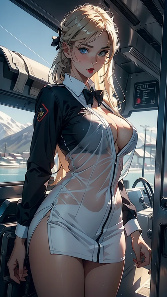 1womanl,33yo,MILF,Bigchest,Raised sexy,Pornographic exposure, solo,Beauty contests,standing on your feet(Background with:aerodrome,snow mountains,Planes,at winter season,Blizzarding,Big snowflakes)in an airplane, She has long blonde hair,Long hair flutters in the wind,Redlip,Black girl,dynamicposes,Sweat profusely,drenched all over the body,seen from the front, hair straight, mostly cloudy sky,(((tmasterpiece),(Very detailed CG unity 8K wallpaper),best qualtiy,cinmatic lighting,detailed back ground,beatiful detailed eyes,Bright pupils,(Very fine and beautiful),(Beautiful and detailed eye description),Blue eyes,Redlip,ultra - detailed,tmasterpiece,)),facing at camera,(The upper part of the body),A high resolution,ultra - detailed),revealing breasts,Bare genitalia, Bulge,legs are open,sexyposture,Camel toes,Flushed complexion,Open-mouthed,frontage,stewardess,Boat type cover(Wearing:White transparent flight attendant uniform,Large colored bow tie,Sexy black miniskirt)