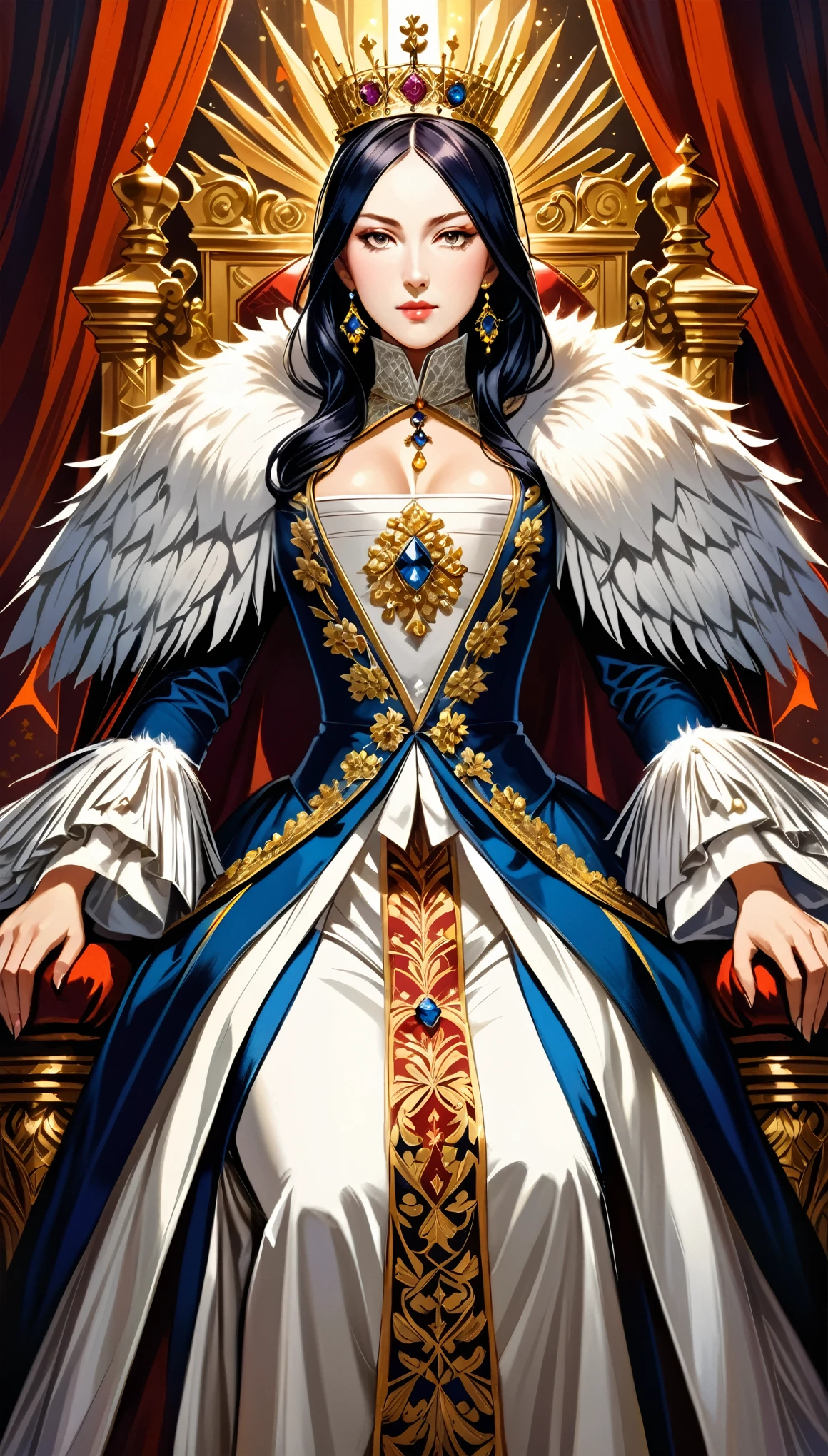 (in sytle of KUBO TITE:1.4),Catherine II，Female emperor, elegant posture, regal outfit, powerful and confident expression, beautiful detailed eyes, beautiful detailed lips, intricate crown, luxurious throne, historical setting, oil painting style, realistic, vibrant colors, dramatic lighting, masterpiece:1.2