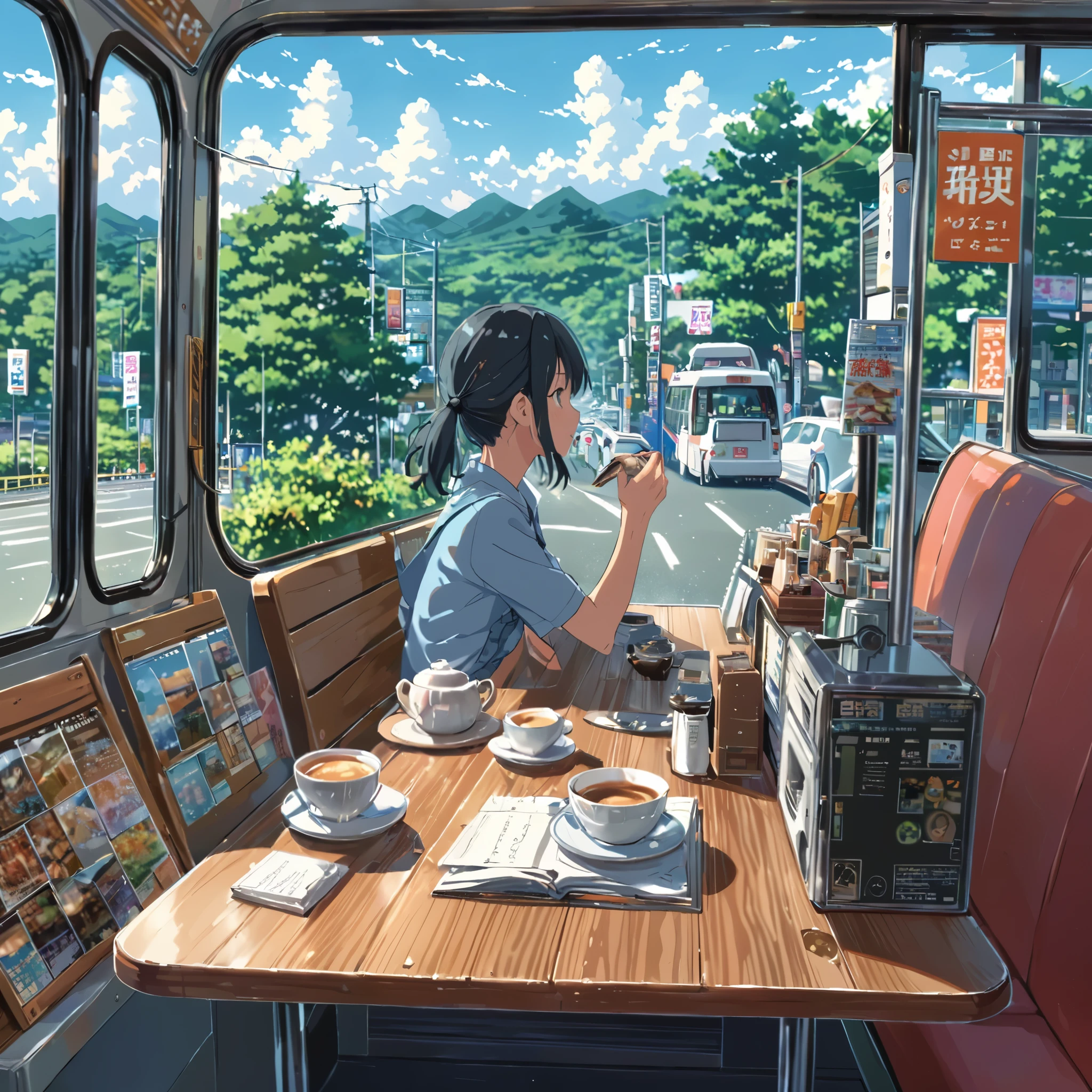 ((anime:1.4,illustration)),(masterpiece, top quality, best quality),(ultra-detailed, absolutely resolution),((16k, high res)), (((cafe in side of bus))), ((anime:1.4,illustration)),(masterpiece, top quality, best quality),(ultra-detailed, absolutely resolution),((16k, high res)). BREAK {lofi art, style of Laurie Greasley, style of Makoto Shinkai, anime aesthetic}, BREAK { (produces images with information than 40 million pixels with cinematic-like detailed textures shot on a Sony SLR).}