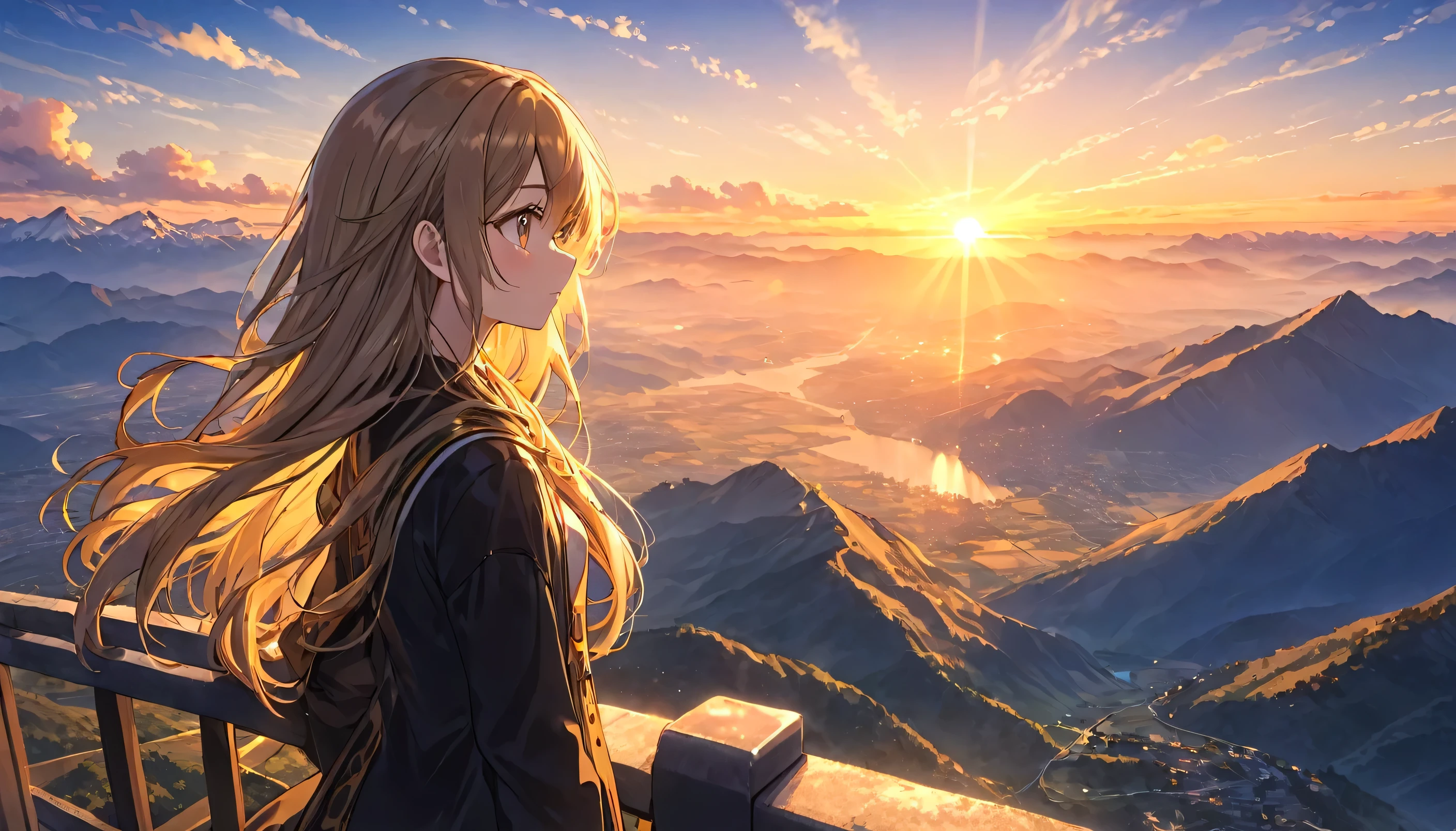 a beautiful anime girl gazing at a sunset from a high vantage point,long hair,detailed face,very detailed eyes,detailed clothing,detailed background,golden hour lighting,vibrant colors,dramatic sky,mountains in distance,photorealistic,4k,highly detailed,masterpiece