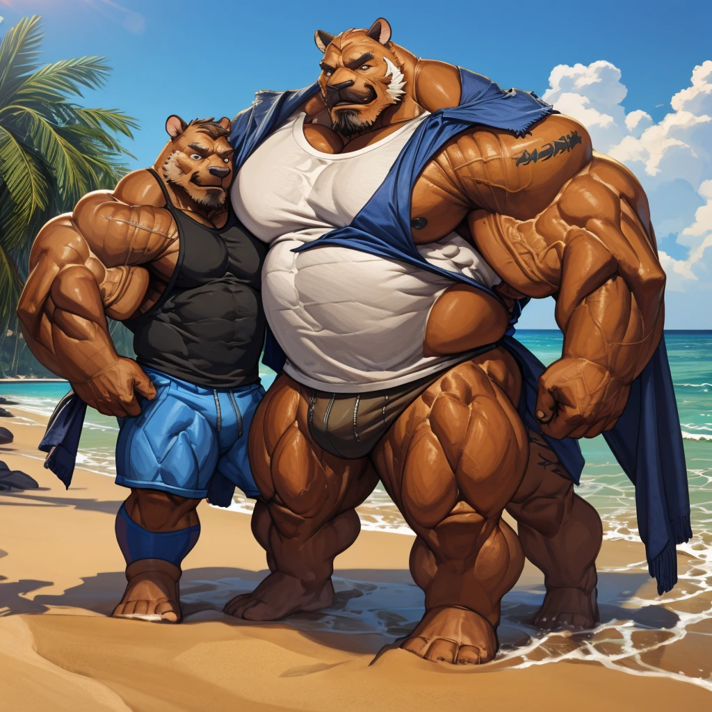 beach, extremely huge muscular, massive muscular, full-body, well-muscled old man. ((extremely muscle size, super thick arms, huge back, extremely wide back and shoulder , huge arms)). and add details to make it attractive and interesting. Add textures and details to make the image more realistic, such as the appearance of the shirt texture and the appearance of the skin. Make sure the resulting image is high resolution, 8K quality."