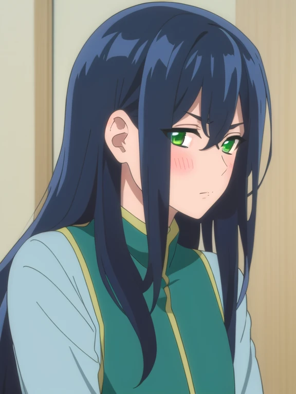 (((Best quality))),((Ultra-detailed)),((illustration)),((Disheveled hair)),((frilld)),(1 girl),1girl, bangs, black hair, blue hair, blush, closed mouth, face, frown, green eyes, hair between eyes, long hair, looking at viewer, school uniform, shirt, simple background, solo, no mask, no glaess