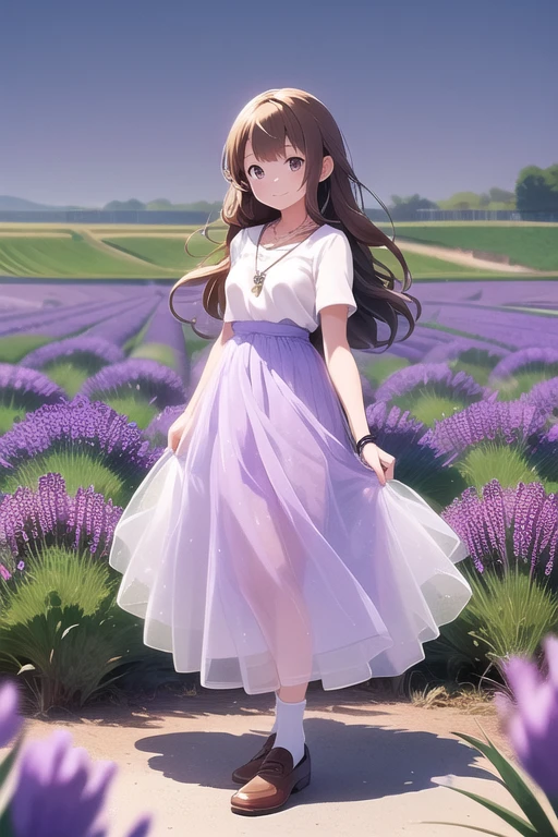 ((highest quality)), ((masterpiece)), (detailed), Perfect Face, anime, Ultra-fine illustration, ((1 person)), Cute girl, smile, (Lavender Fields:1.2), summer, ((Cute checkered long skirt)), Tulle Chiffon, White blouse, White socks, necklace, watch, Brown loafers, Brown long hair, Iris, Full Body Shot,