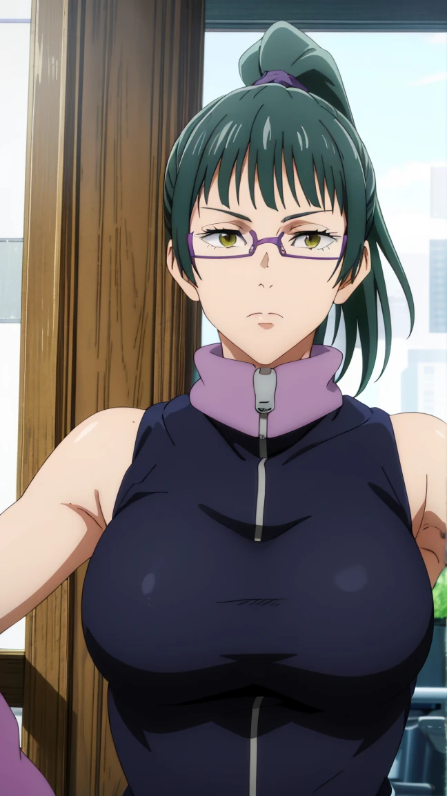 (best quality:1.5, highres, UHD, 4K, detailed eyes, detailed lighting, detailed hair, shaders), gym backround, dark green hair, ponytail, bangs,cool woman, cool girl, sharp eyes, yellow eyes, beautiful, large breasts, sport bra, purple jacket, turtleneck ,sleeveless, glasses, armpits, detailed armpits, looking at viewer