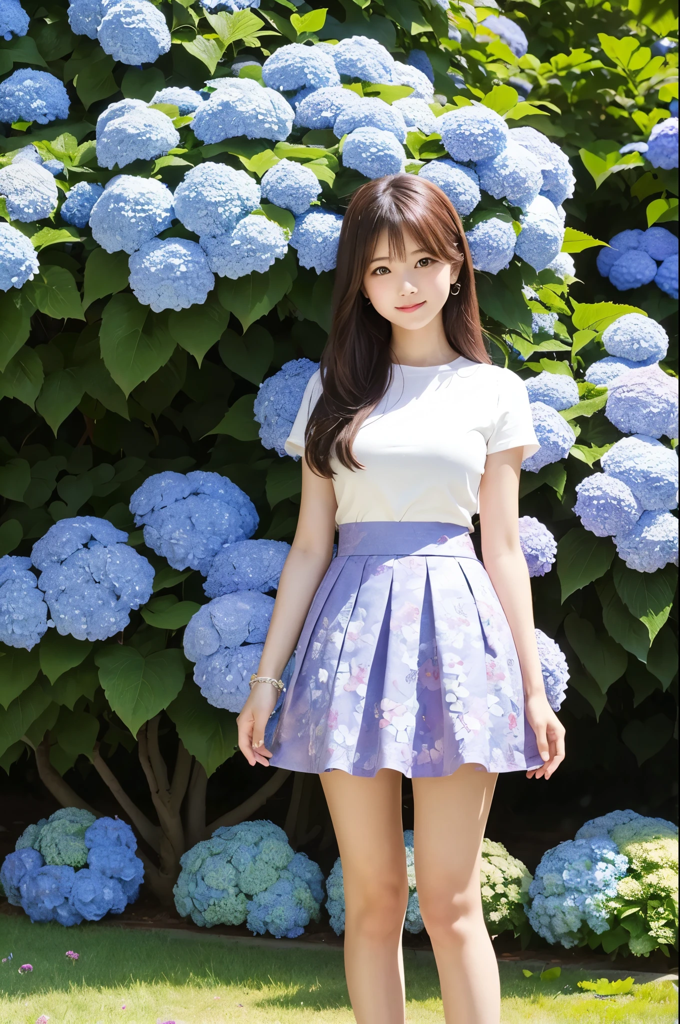 A cute 20-year-old girl standing in a park with hydrangeas in bloom(mini skirt)