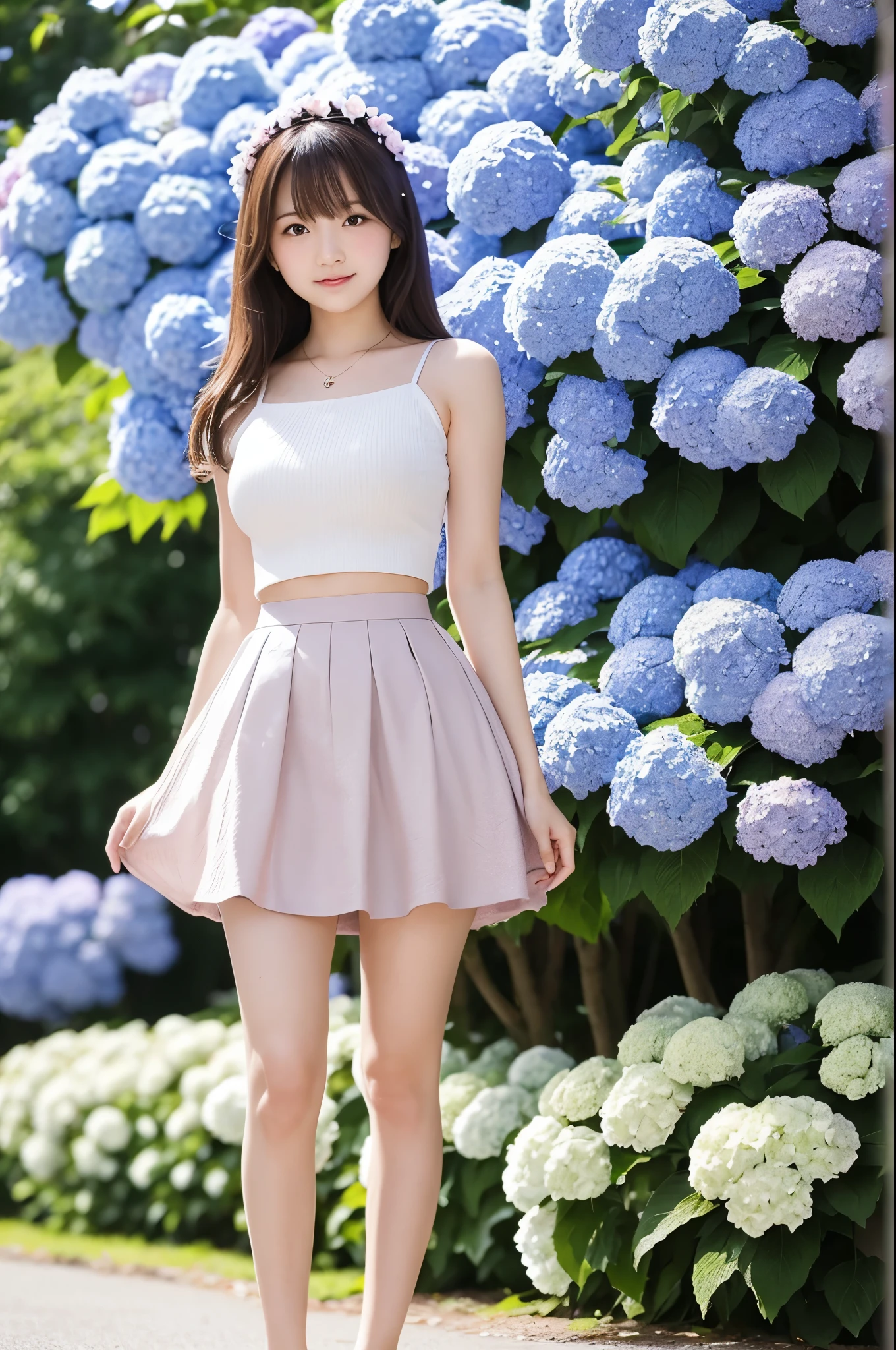 A cute 20-year-old girl standing in a park with hydrangeas in bloom（mini skirt）