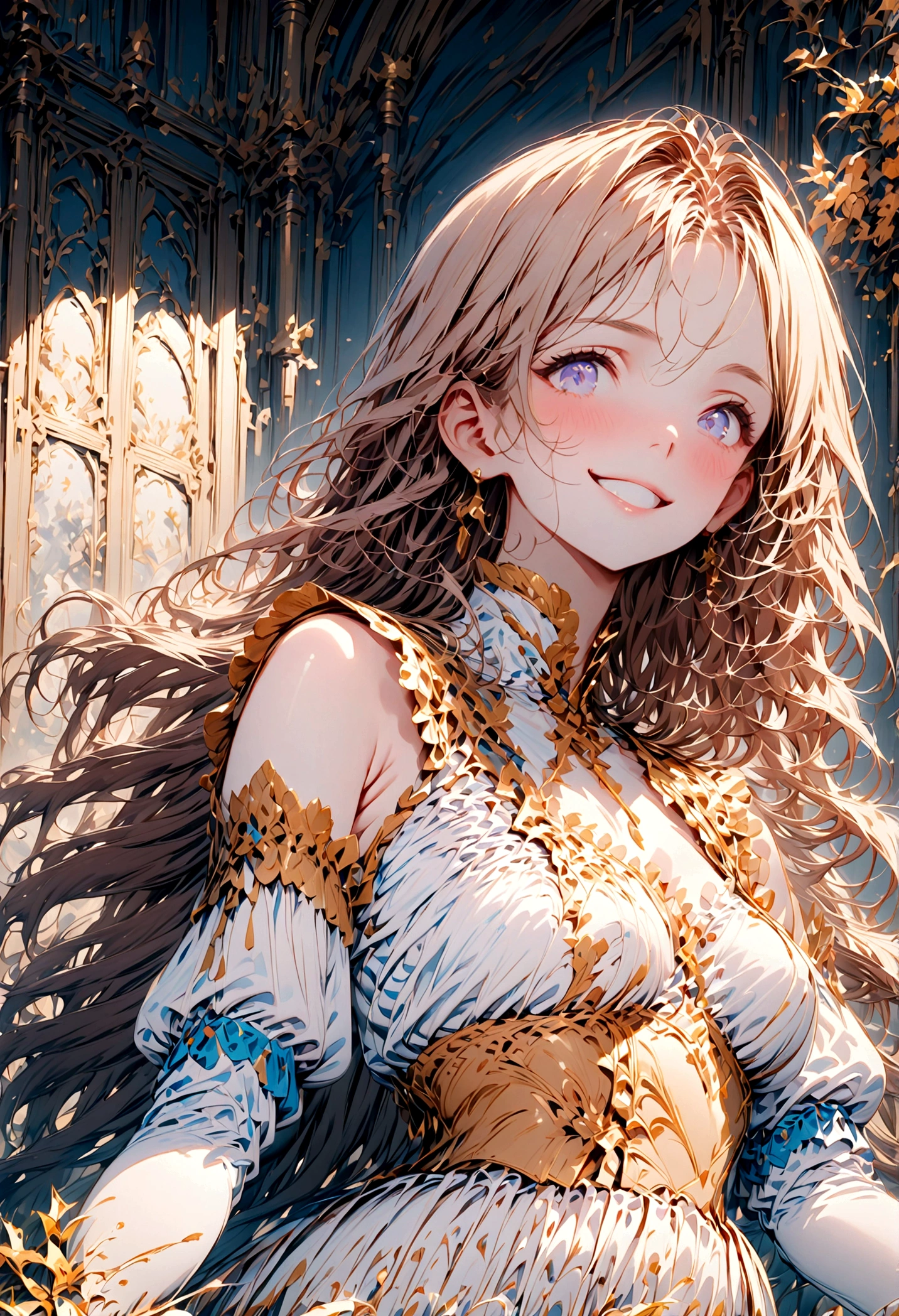 masterpiece, highest quality, eyeliner, eye shadow, View Viewer, Curvy, (Full Body Shot) of (Dolly Nobody SD15:0.8) wear (パーティー用of服:1.2), 1人of女of子, alone, Long Hair, soft breasts, Grin, No sleeve, bangs, blush, 衣服of切り抜き, Long Hair, 光沢ofある肌, 広場of屋外席, Cloudy, Upper Body, Super detailed, figure, 