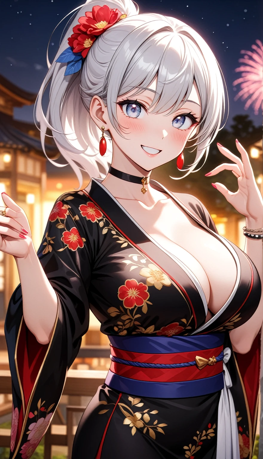 ((one personの女性)), Beautiful Face,((Wink:1.9)),(a woman in a dynamic hand sign. She is waving while looking back over her shoulder. She has a friendly expression),(Bright red cheeks:1.4),Laughing embarrassedly,Laughing with your mouth open,Glossy pink lips,Lighting on the face,night,night景と海が美しい公園,Colorful fireworks,((Anime style background)),masterpiece, highest quality, so beautiful, Latest, Complex details, (Pink long nails),(ring),(bracelet),(choker),AI-generated, Complex,High resolution, highest quality, super high quality,3D Images、View your viewers、3D Images,one person,Long white hair,High Ponytail,(blue eyes),Anime woman posing for a photo, ((Fine grain、Silvery white colorful eyes、Shining Eyes:1.3)),(Squint your eyes:1.1),a hyperRealistic , hyperRealistic , Realistic,Anime woman with long and white hair, Smooth anime CG art, A woman in a colorful kimono with gold embroidery, (Black kimono),Red floral pattern,Long flower hair ornament,Big earrings,Mature Body,(Big Breasts:1.1),Tall,Fine details,Abdominal muscles,Narrow waist,(Zoom in on face:1.1),Tilt your head,Stand up straight,
