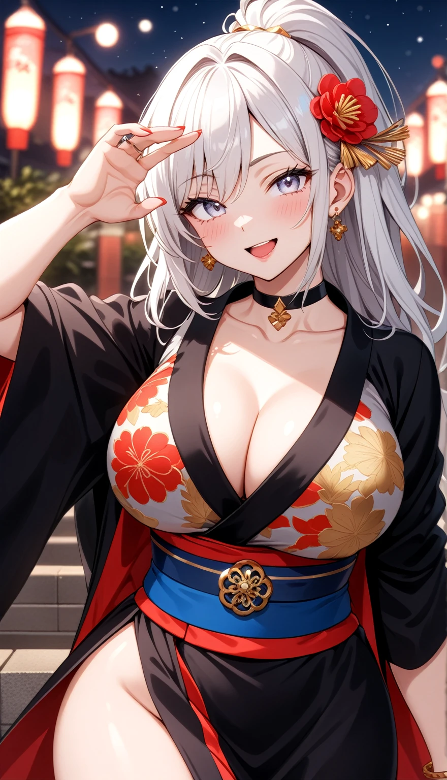 ((one personの女性)), Beautiful Face,((Wink:1.9)),(a woman in a dynamic hand sign. She is waving while looking back over her shoulder. She has a friendly expression),(Bright red cheeks:1.4),Laughing embarrassedly,Laughing with your mouth open,Glossy pink lips,Lighting on the face,night,night景と海が美しい公園,Colorful fireworks,((Anime style background)),masterpiece, highest quality, so beautiful, Latest, Complex details, (Pink long nails),(ring),(bracelet),(choker),AI-generated, Complex,High resolution, highest quality, super high quality,3D Images、View your viewers、3D Images,one person,Long white hair,High Ponytail,(blue eyes),Anime woman posing for a photo, ((Fine grain、Silvery white colorful eyes、Shining Eyes:1.3)),(Squint your eyes:1.1),a hyperRealistic , hyperRealistic , Realistic,Anime woman with long and white hair, Smooth anime CG art, A woman in a colorful kimono with gold embroidery, (Black kimono),Red floral pattern,Long flower hair ornament,Big earrings,Mature Body,(Big Breasts:1.1),Tall,Fine details,Abdominal muscles,Narrow waist,(Zoom in on face:1.1),Tilt your head,Stand up straight,