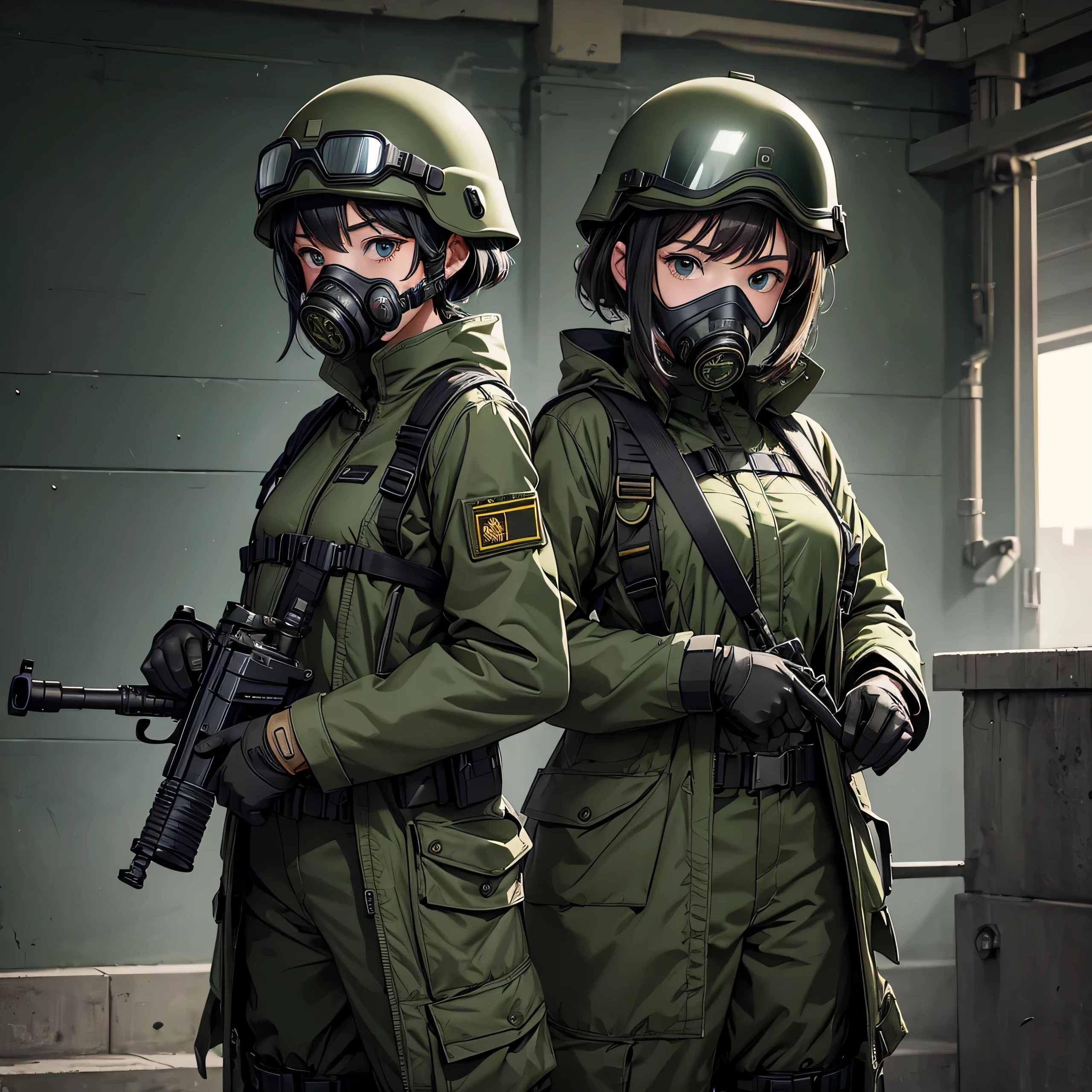 Two female soldiers wearing gas masks、Put on a helmet、Wear goggles、Dark green M51 military coat、military trousers、front、whole body、Write details、masterpiece、best quality、Highly detailed CG、8K picture quality