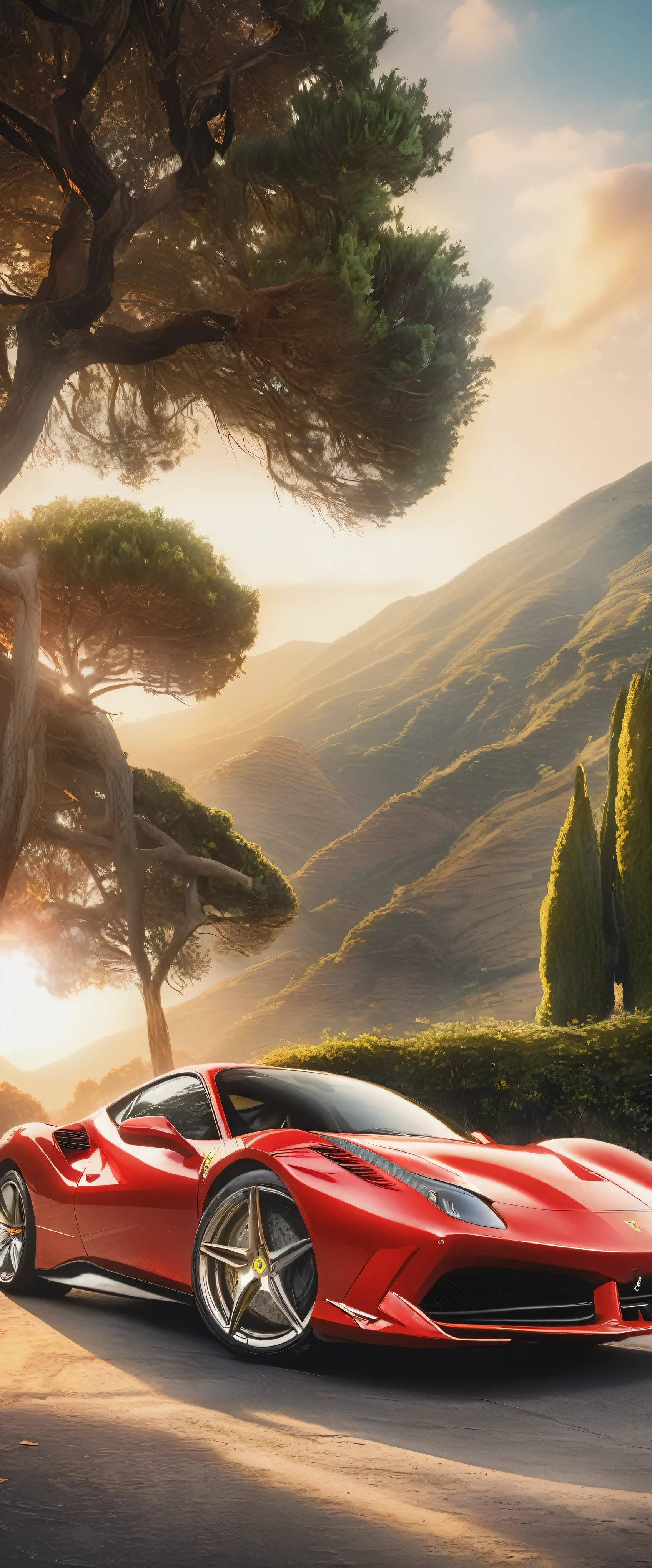 A fascinating tableau of cinematic masterpieces、The Ferrari 488 GTB is packed with intricate detail and realism.、It embodies the essence of sophisticated and powerful luxury.。Bask in the golden glow of a sun-drenched Italian villa、Green hills and cypress trees々Against the backdrop of、The car&#39;s iconic red body shines。The finely crafted aluminum alloy、The iconic prancing horse emblem is an accent.、It represents the rich heritage and performance of this incredible automobile.。This ultra-realistic and highly detailed expression、Serves as a magnificent tribute to the pure beauty and elegance of an automotive icon。