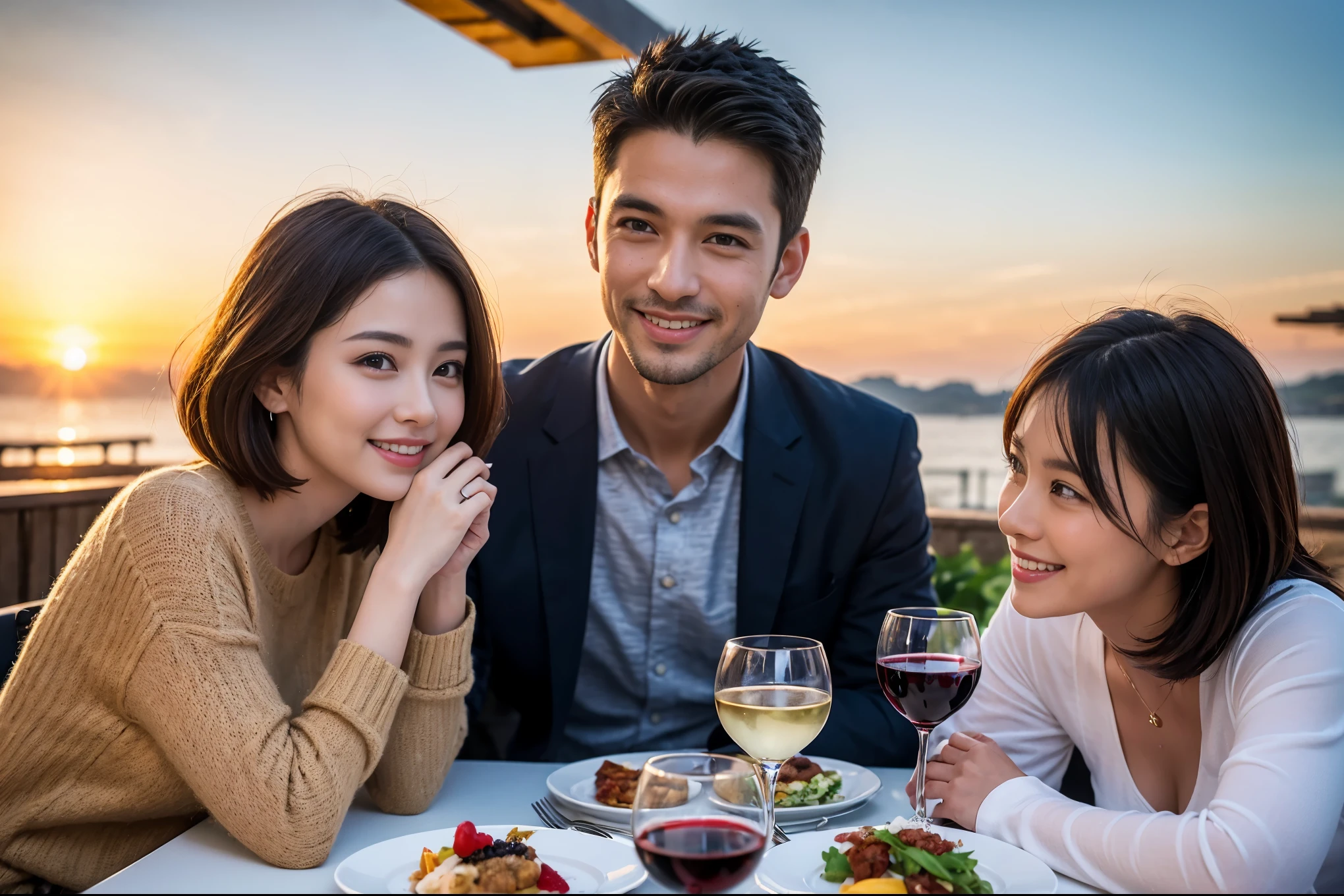 ((highest quality、8k、masterpiece:1.3))、 (Genuineistic, Genuine、Bright image、Intricate details:1.2), Best smile 1 man 1 woman、Beautiful Couple、spouse、Couple、family、Beautiful Couple、Smile、full-course dinner、 (Slim face), (The body is slim), (Brown Hair), (short hair), テーブルの上のwine glass、Please shine a light on my face、 Amazing view of the sunset sky and clouds、 (Age 44), 41 years old, red wine 、Appetizers、Wine bottle、sparkling wine、Long sleeve shirt、dress、White wine, red wine, wine glass,