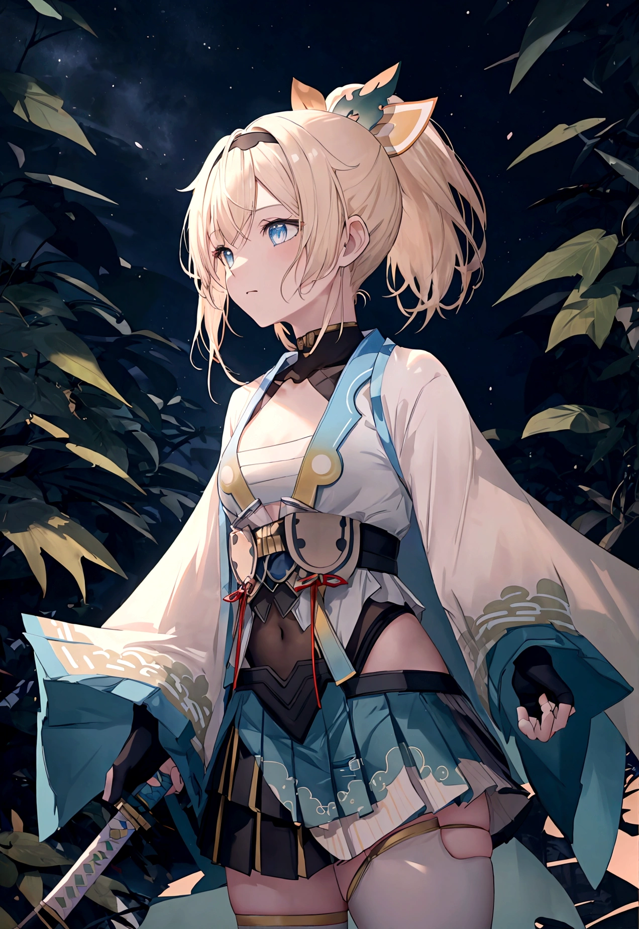 long shot, moon, 1girl, weapon, sword, solo, male focus, night, blue theme, full moon, katana, japanese clothes, nature, long hair, tree, standing, night sky, silhouette, holding, sky, holding sword, leaf, sheath, holding weapon, ponytail, outdoors, forest, water, monochrome, star (sky), moonlight, kazama iroha, blonde hair, fingerless gloves, japanese clothes, white thighhighs, haori, black gloves, bangs, pleated skirt, ponytail, chest sarashi, blue eyes, black hairband, hair ornament, leaf hair ornament, long sleeves, covered navel, breasts