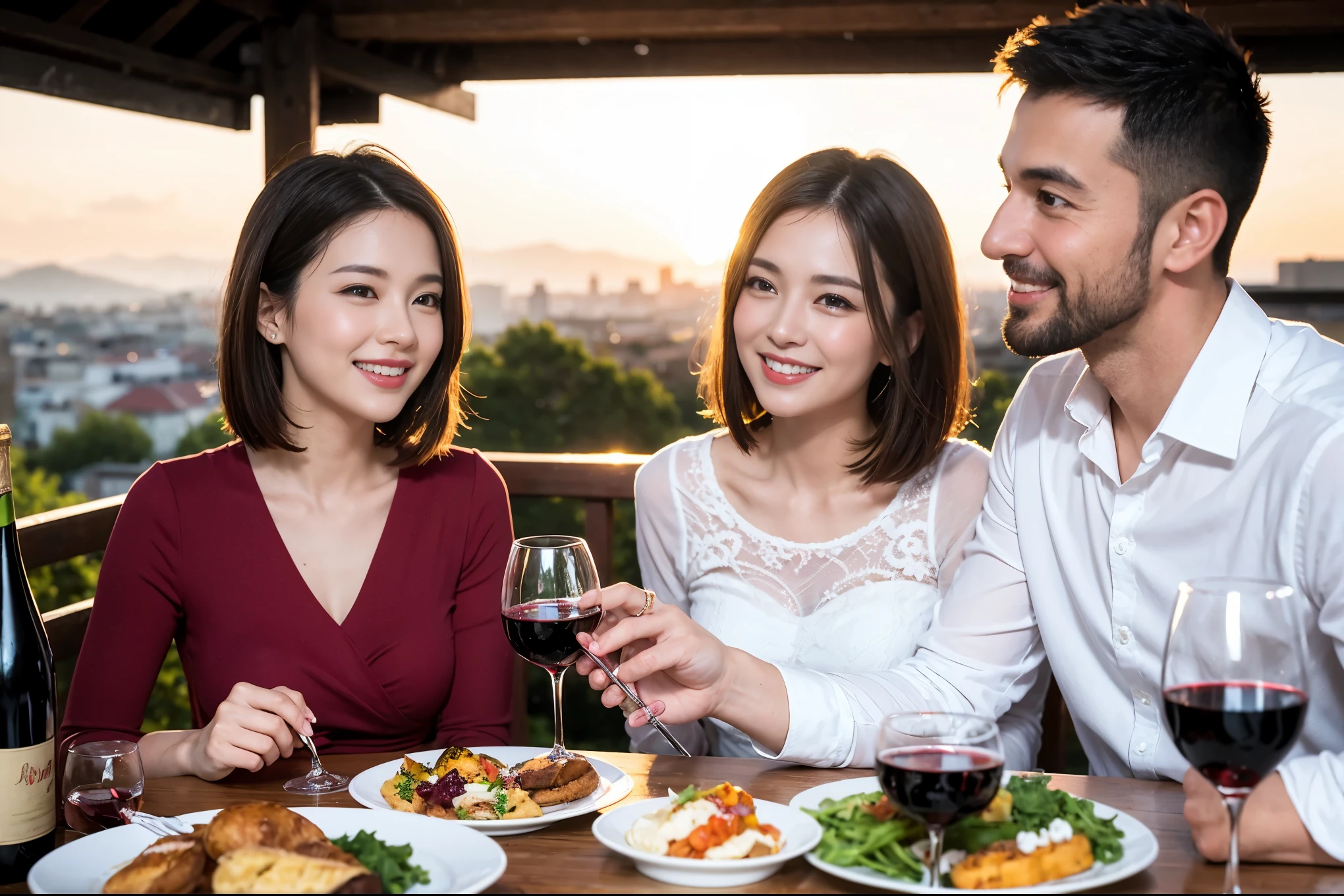 ((highest quality、8k、masterpiece:1.3))、 (Genuineistic, Genuine、Bright image、Intricate details:1.2), Best smile 1 man 1 woman、Beautiful Couple、spouse、Couple、family、Beautiful Couple、Smile、full-course dinner、 (Slim face), (The body is slim), (Brown Hair), (short hair), テーブルの上のwine glass、Please shine a light on my face、 Amazing view of the sunset sky and clouds、 (Age 44), 41 years old, red wine 、Appetizers、Wine bottle、sparkling wine、Long sleeve shirt、dress、White wine, red wine, wine glass,