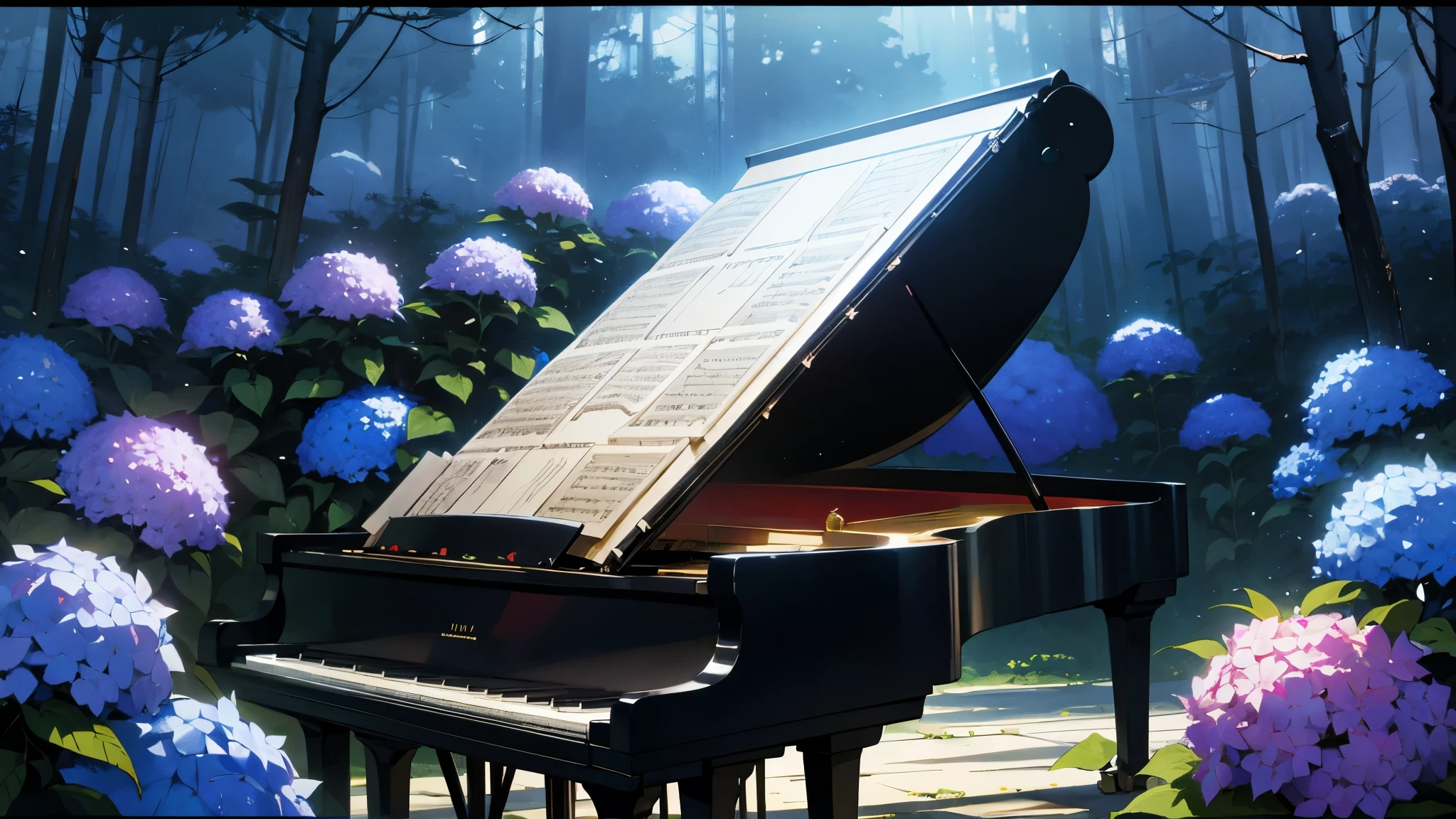 Hydrangeas are blooming beside the grand piano、Grand piano in the forest，landscape，The legs of a grand piano３Book、In a deserted forest、Big black grand piano