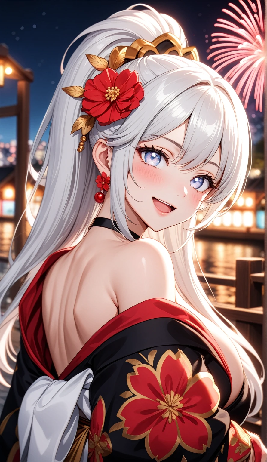 ((one personの女性)), Beautiful Face,((Wink:1.9)),(a woman in a dynamic hand sign. She is waving while looking back over her shoulder. She has a friendly expression),(Bright red cheeks:1.4),Laughing embarrassedly,Laughing with your mouth open,Glossy pink lips,Lighting on the face,night,night景と海が美しい公園,Colorful fireworks,((Anime style background)),masterpiece, highest quality, so beautiful, Latest, Complex details, (Pink long nails),(ring),(bracelet),(choker),AI-generated, Complex,High resolution, highest quality, super high quality,3D Images、View your viewers、3D Images,one person,Long white hair,High Ponytail,(blue eyes),Anime woman posing for a photo, ((Fine grain、Silvery white colorful eyes、Shining Eyes:1.3)),(Squint your eyes:1.1),a hyperRealistic , hyperRealistic , Realistic,Anime woman with long and white hair, Smooth anime CG art, A woman in a colorful kimono with gold embroidery, (Black kimono),Red floral pattern,Long flower hair ornament,Big earrings,Mature Body,(Big Breasts:1.1),Tall,Fine details,Abdominal muscles,Narrow waist,(Zoom in on face:1.1),Tilt your head,Shooting from behind