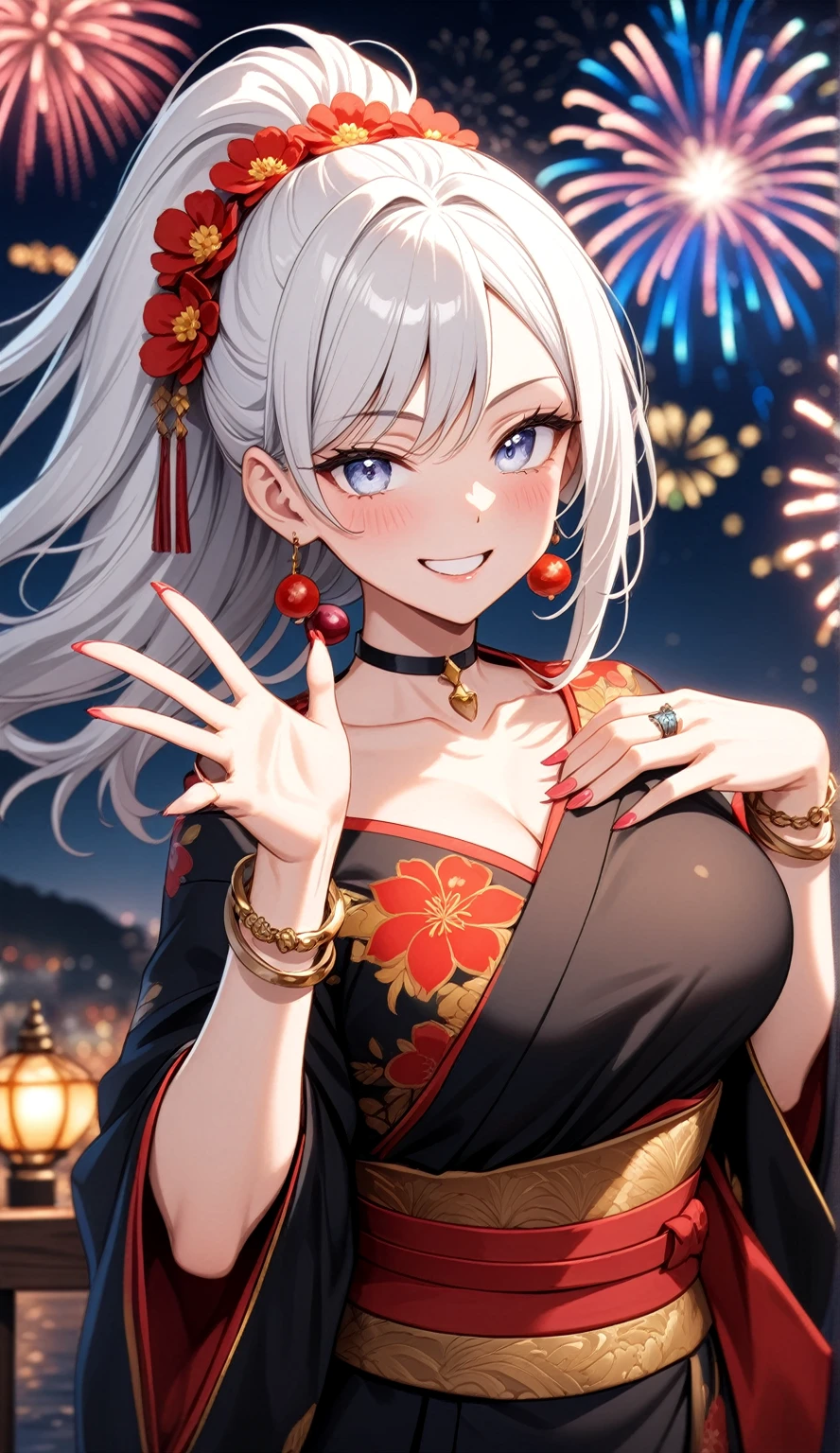 ((one personの女性)), Beautiful Face,((Wink:1.9)),(a woman in a dynamic hand sign. She is waving while looking back over her shoulder. She has a friendly expression),(Bright red cheeks:1.4),Laughing embarrassedly,Laughing with your mouth open,Glossy pink lips,Lighting on the face,night,night景と海が美しい公園,Colorful fireworks,((Anime style background)),masterpiece, highest quality, so beautiful, Latest, Complex details, (Pink long nails),(ring),(bracelet),(choker),AI-generated, Complex,High resolution, highest quality, super high quality,3D Images、View your viewers、3D Images,one person,Long white hair,High Ponytail,(blue eyes),Anime woman posing for a photo, ((Fine grain、Silvery white colorful eyes、Shining Eyes:1.3)),(Squint your eyes:1.1),a hyperRealistic , hyperRealistic , Realistic,Anime woman with long and white hair, Smooth anime CG art, A woman in a colorful kimono with gold embroidery, (Black kimono),Red floral pattern,Long flower hair ornament,Big earrings,Mature Body,(Big Breasts:1.1),Tall,Fine details,Abdominal muscles,Narrow waist,(Zoom in on face:1.1),Tilt your head,Shooting from behind