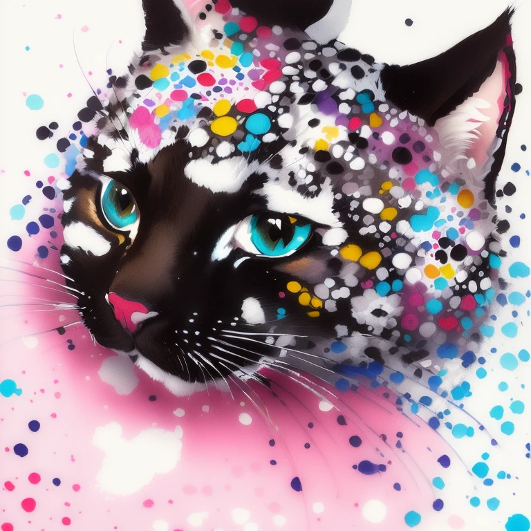 Close-up of a cat with many spots on its body, traditional painting with folk art colors, paint color on white, portrait of lisa frank, Painting of a cat, Inspired by Damien Hirst, Cat design, inspired by Yayoi Kusama, drawn with dots, Pointillism method, a cat&#39;s, inspired by Yayoi Kusama, Covered with sprinkles and bread crumbs