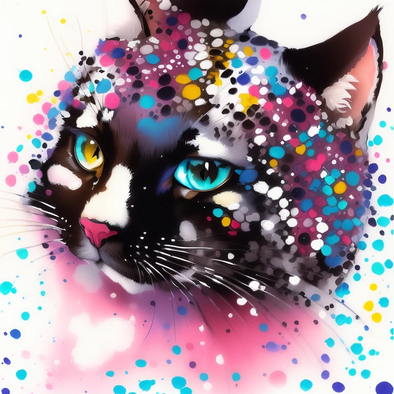 Close-up of a cat with many spots on its body, traditional painting with folk art colors, paint color on white, portrait of lisa frank, Painting of a cat, Inspired by Damien Hirst, Cat design, inspired by Yayoi Kusama, drawn with dots, Pointillism method, a cat&#39;s, inspired by Yayoi Kusama, Covered with sprinkles and bread crumbs