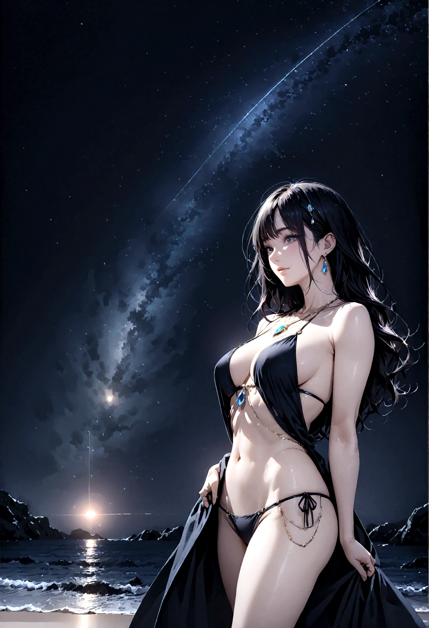 8k, masterpiece, RAW Photos, highest quality, Realistic, Very detailed, Depth of written boundary, Cinematic Light, Anatomically correct body,
(One beautiful 40 year old elegant mature woman:1.4), Very beautiful face, Exquisitely detailed face, (A calm and gentle face:1.4), Very delicate skin texture, Transparent muscle, Shiny white skin, Glamorous Body,
(Wavy black long hair:1.2), Sexy Breasts, Sexy ass,
(Brazilian Bikini:1.4), (Detailed cloth texture:1.2), (Body chain accessory with detailed jewel studded embellishments:1.3), (Gorgeous necklace:1.1), (Gorgeous earrings:1.1),
(Dark starry background:1.4), (Milky Way:1.1), (milky way:1.1), (shooting star:1.1), (Dark coastline at night:1.4), (Pitch black sea surface:1.4),
(Standing on the beach:1.2),
(Low angle shot:1.8),
