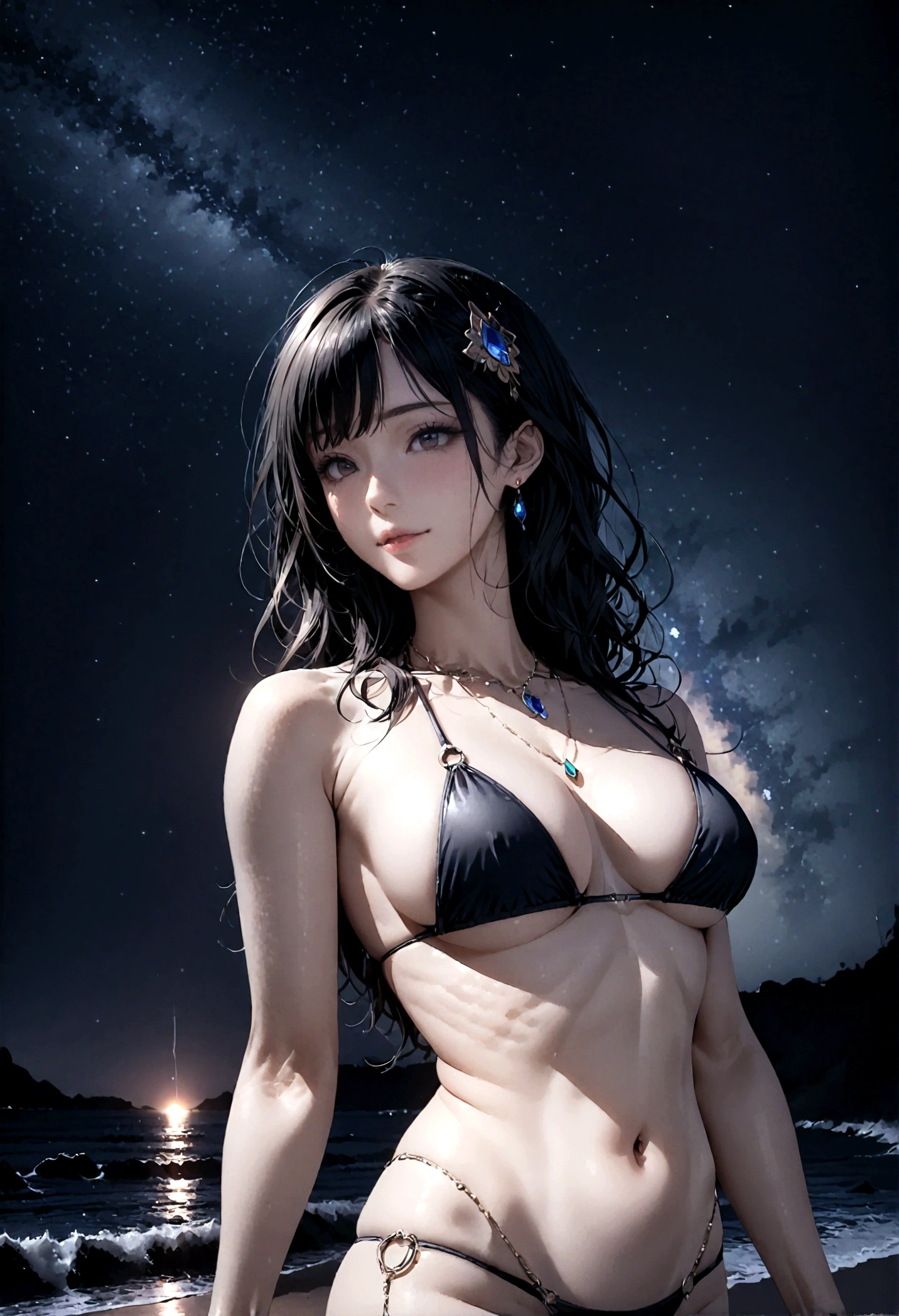 8k, masterpiece, RAW Photos, highest quality, Realistic, Very detailed, Depth of written boundary, Cinematic Light, Anatomically correct body,
(One beautiful 40 year old elegant mature woman:1.4), Very beautiful face, Exquisitely detailed face, (A calm and gentle face:1.4), Very delicate skin texture, Transparent muscle, Shiny white skin, Glamorous Body,
(Wavy black long hair:1.2), Sexy Breasts, Sexy ass,
(Brazilian Bikini:1.4), (Detailed cloth texture:1.2), (Body chain accessory with detailed jewel studded embellishments:1.3), (Gorgeous necklace:1.1), (Gorgeous earrings:1.1),
(Dark starry background:1.4), (Milky Way:1.1), (milky way:1.1), (shooting star:1.1), (Dark coastline at night:1.4), (Pitch black sea surface:1.4),
(Standing on the beach:1.2),
(Low angle shot:1.8),