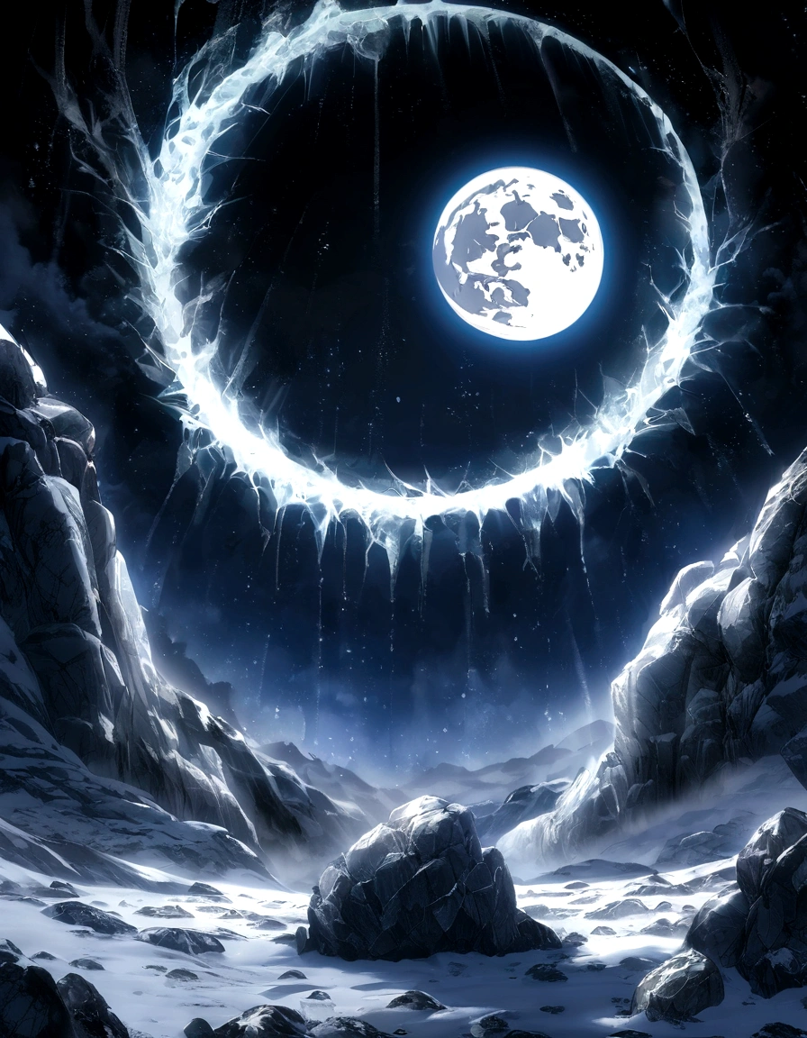 night, solar eclipse over epic icy and snowy tundra with gloomy rocks, in Giger style