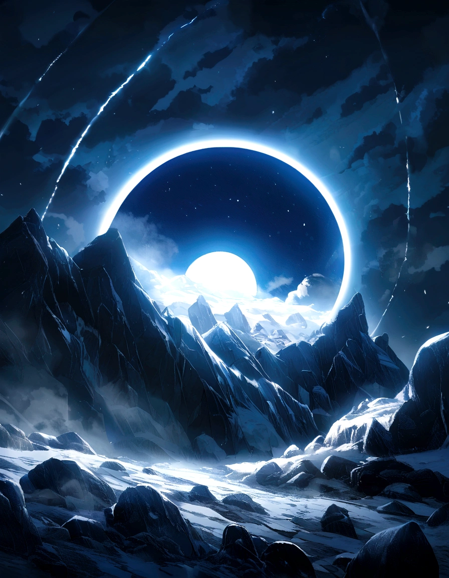 
night, solar eclipse over epic icy and snowy tundra with gloomy rocks, in Giger style