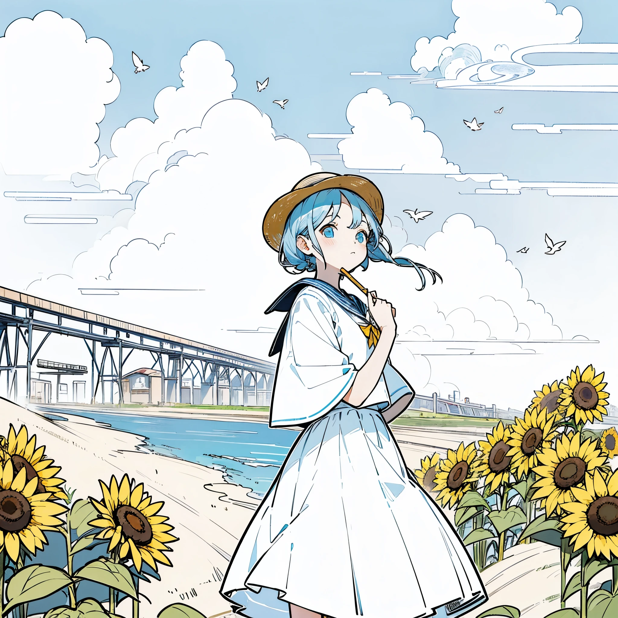 highest quality、An illustration、One Girl、Sailor suit、summer、Straw hat、blue sky、cumulonimbus、Railroad crossing、sunflower