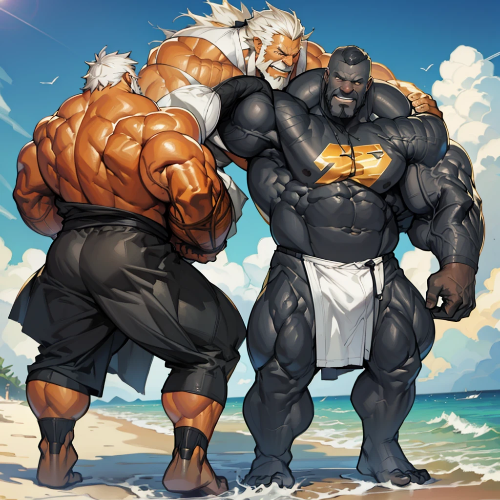 beach, side view, extremely huge muscular, massive muscular, full-body, well-muscled old man and showing back muscle. ((extremely muscle size, super thick arms, huge back, extremely wide back and shoulder , huge arms)). and add details to make it attractive and interesting. Add textures and details to make the image more realistic, such as the appearance of the shirt texture and the appearance of the skin. Make sure the resulting image is high resolution, 8K quality."