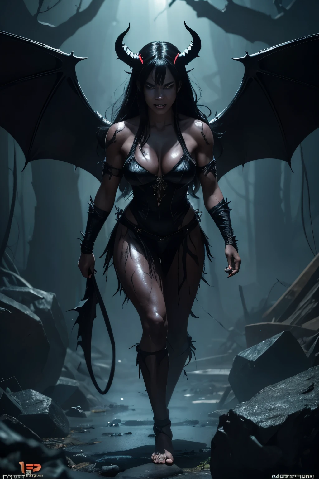 8K,Demon woman in hellfire,bat wings,Evil Gaze,black binoculars,ugly and distorted expression,muscular macho body,The lower body is covered with black hair,2 devil horns,long thin fangs,sharp teeth,sharp nails,barefoot,rugged rock surface,masterpiece,Photorealistic RAW photos of the highest quality。insidious color,Backlight, cinematic lighting, film grain, 50mm lens, Nikon D850,beautiful expression,fantasy art,character art,Glaring at the viewer,horror film,Cat-like eyes(Eyes),blue-black skin(super realistic skin),very big breasts,Fighting style,perspective from above,attack,prepare yourself,bark,red and black shabby costume,action pose,Full body soaked,