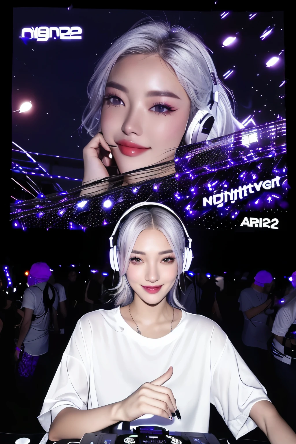 Party poster with beautiful woman with silver hair in white shirt and headphones, summer festival night, DJ rave party, ((((((((night)))))))) day time, pool party, night, disco party, DJ at a party, summer night, DJ, DJ set, rave party, dance , Andy Park, 2024, 2 0 2 4,