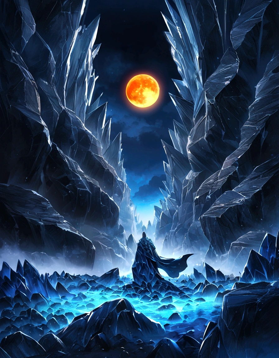 night, solar eclipse over epic ice wasteland with gloomy rocks, in Giger style