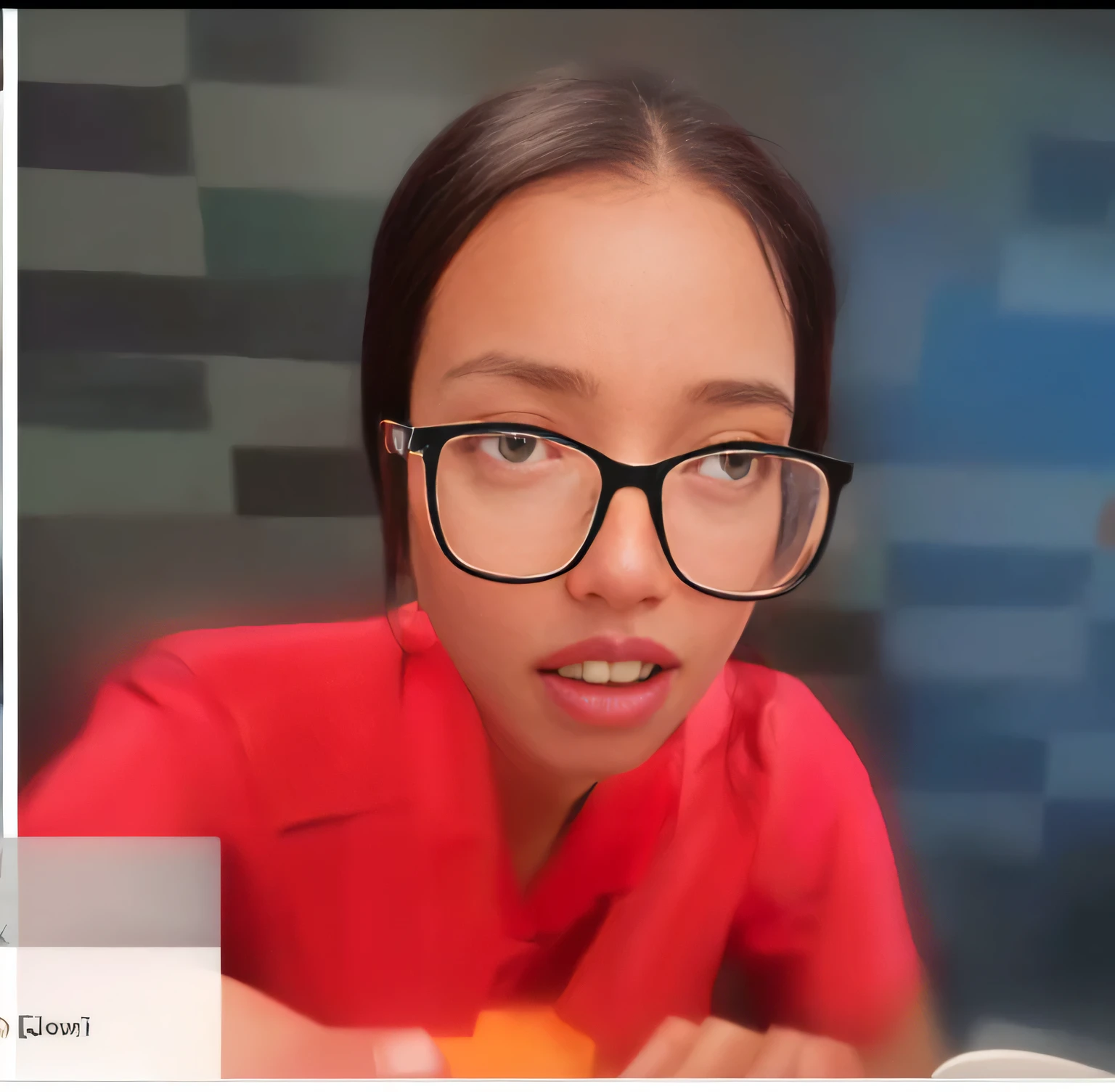 Karikatur there is a girl wearing glasses and a red shirt, with glasses, realism artstyle, digital art but photo, girl with glasses, webcam screenshot, cartoon digital painting, potrait, photorealistic!!!!!!! art style, with glasses on, in a oil painting style, drawn with photoshop, close up potrait, made with photoshop, dang my linh, in style of digital painting, cartoon painting, cartoon art