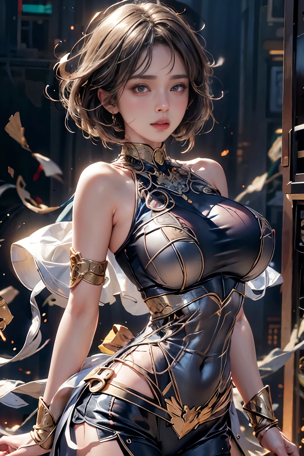 highest quality, Realistic, photoRealistic, Award-winning illustrations, (Intricate details: 1.2), (Subtle details), (Intricate details), (Cinematic Light, Super sexy short hair super girl, huge firm bouncing bust