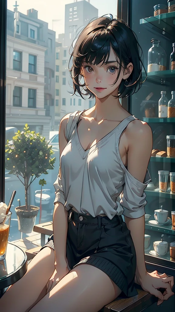 1girl, solo, short hair, bangs, black eyes, black hair, light smile,
grey sweater, collarbone, bare shoulders, bare arms, bare legs,
sitting, shop, storefront, window, display, display case, disposable cup, table, chair, cafe,
wind, hair flowing over, floating hair, outdoors,