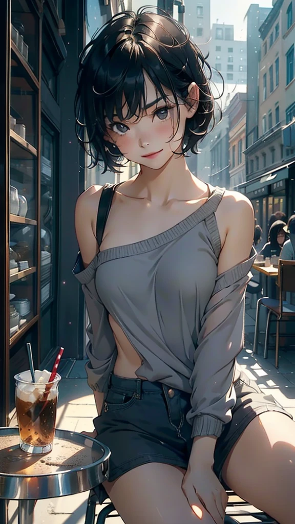 1girl, solo, short hair, bangs, black eyes, black hair, light smile, 
grey sweater, collarbone, bare shoulders, bare arms, bare legs, 
sitting, shop, storefront, window, display, display case, disposable cup,  table, chair, cafe, 
wind, hair flowing over, floating hair, outdoors,