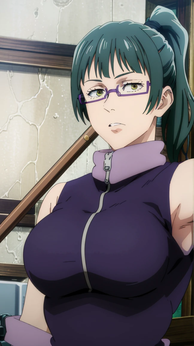 (best quality:1.5, highres, UHD, 4K, detailed eyes, detailed lighting, detailed hair, shaders), gym backround, dark green hair, ponytail, bangs, sharp eyes, yellow eyes, beautiful, large breasts, sport bra, purple jacket, turtleneck ,sleeveless, glasses, armpits, detailed armpits, looking at viewer