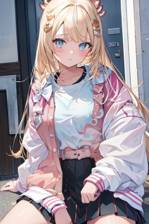 pink letterman jacket, girl on top, straddling, high quality
