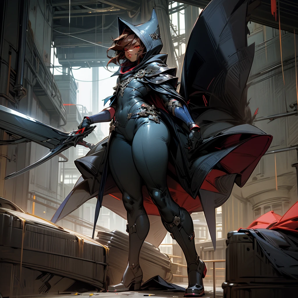 1boy, Femboy, superhero, crossdresser man, ager, with a dark blue with red accents full body Spandex crow themed suit, with a blue cape, a blue glowing decal in the chest, black gloves and black boots that resemble crow feet, and a hoodie, long technological red sword, brown skinned, red eyes, feminine shoulder length dark brown hair, wide hips, thick thighs , flat chest, narrow waist, walking down street a futuristic city under the rain in a seductive pose ((only one character))