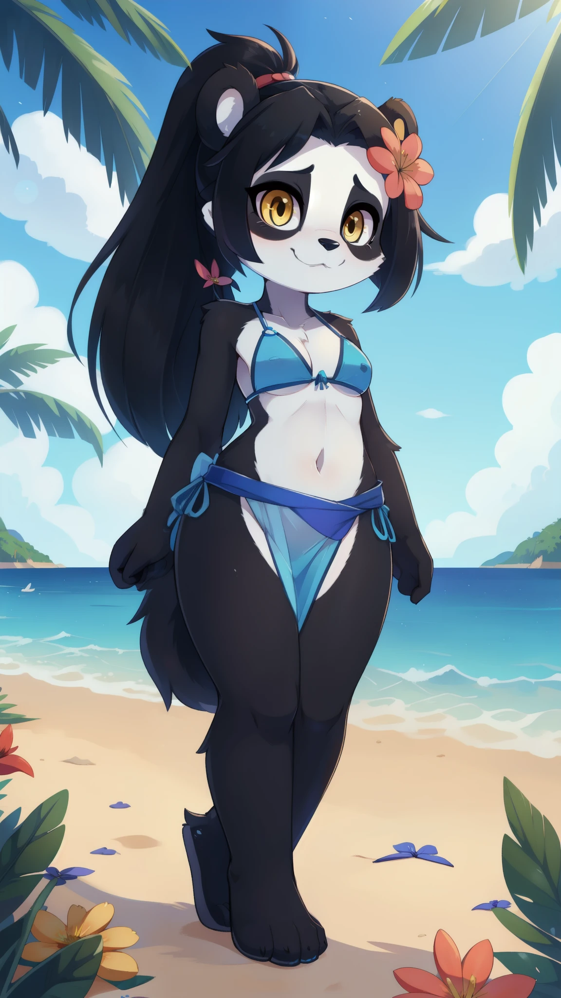 furry girl, panda, black hair, open bangs, long ponytail, anime style, small breasts, yellow eyes, ((blue bikini, flower hairpin, blue beach sarong)), high quality, detailed body, detailed eyes, detailed face, masterpiece, glistening body, detailed body fur, best quality, two tone body fur, black body fur, white body fur, black panda eyeshadows, panda ears, skinny, gorgeous body, solo, :3, beach, clear sky, full body, feets with three toes, 3 toes,