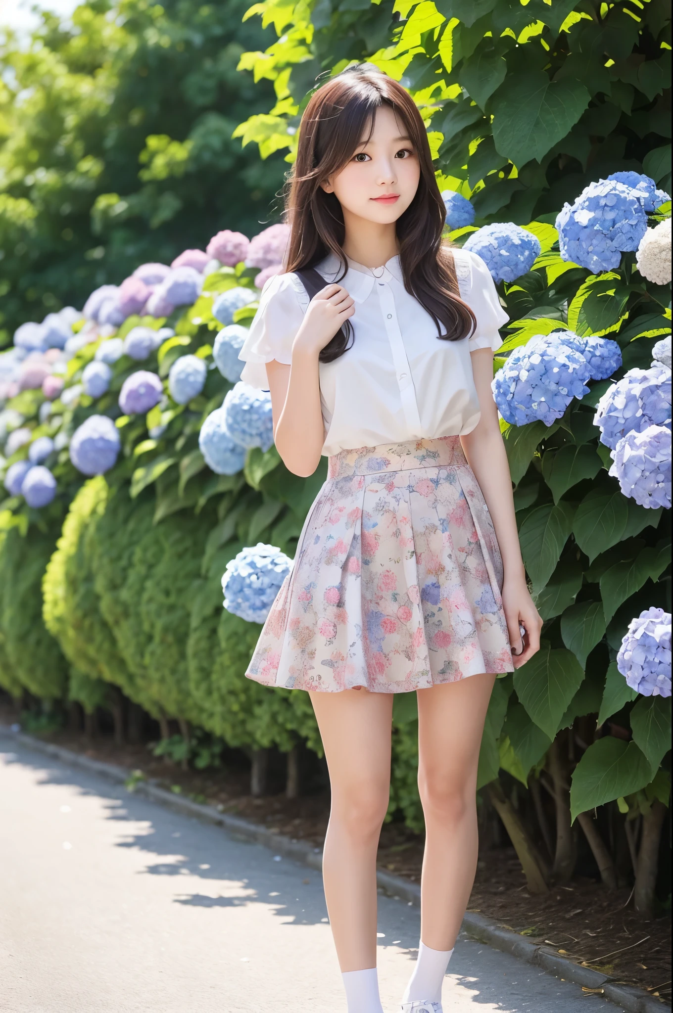 A cute 20-year-old girl standing in a park with hydrangeas in bloom（mini skirt）