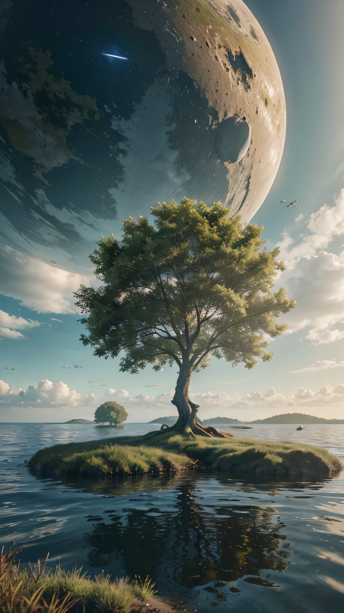 There is a tree standing in the water,a planet in the background, 4k highly detailed digital art, 4K HD Wallpapers Very Detailed, Fine Art UHD 4K, By Mike "Beepler" Winkelmann, avoid buzzer, 8k stunning artwork, 4K Beautiful Digital Art, Beeple Art, Fantasy Planet