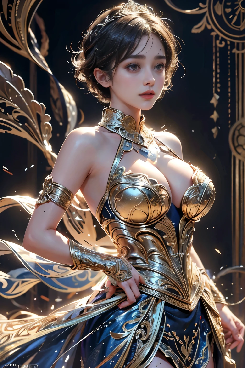 highest quality, Realistic, photoRealistic, Award-winning illustrations, (Intricate details: 1.2), (Subtle details), (Intricate details), (Cinematic Light, Super sexy short hair super girl, huge firm bouncing bust