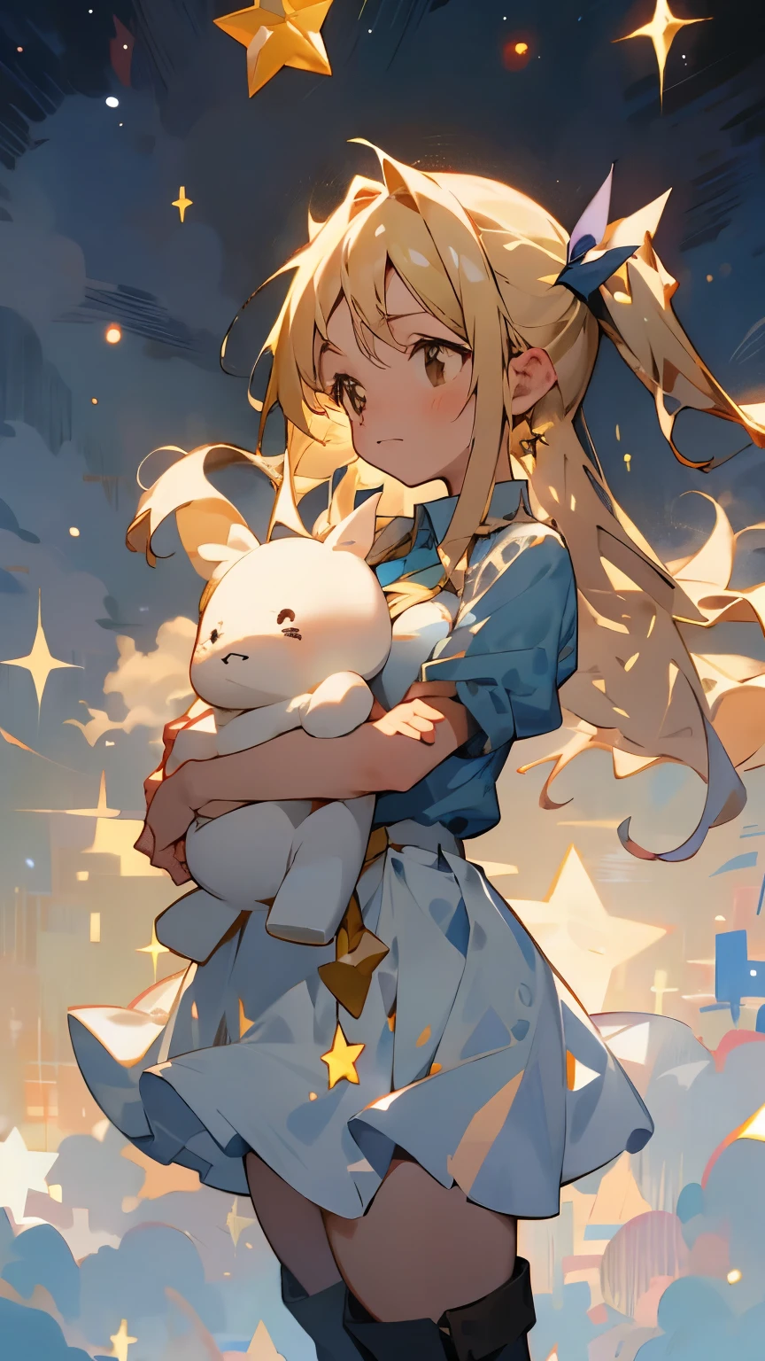 16-year-old girl、One girl,Hug a stuffed animal、白いHug a stuffed animal、Expressionless、Fantastic look、Fairy, Pointed Ears, masterpiece, highest quality, High resolution, Lucy Heartfilia, Lucy Heartfilia, One girl, alone, Blonde Hair, Brown eyes, Long Hair, Side Ponytail, Hair Ribbon, Big Breasts, Earrings, Thigh-high boots, Blue Shirt, No sleeve, White Skirt, Dark Background, starlight, star,starをすくう、手のひらでstarを救い上げる